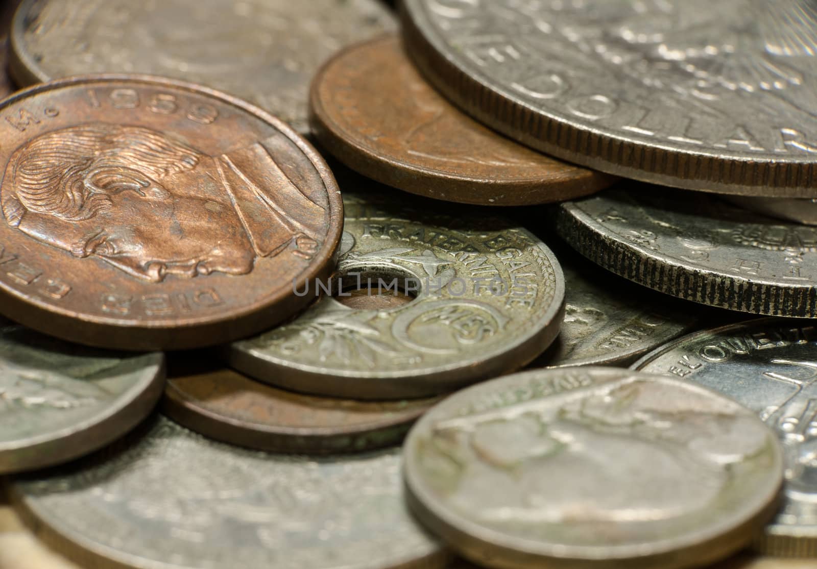 Macro shot of various old coins