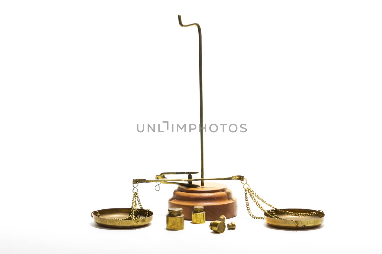 Scales balance and a set of weights on a white background