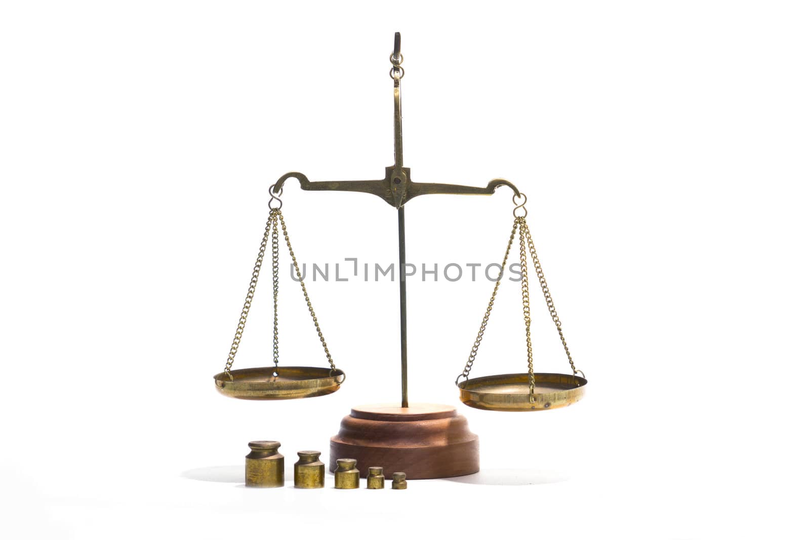 Scales balance and a set of weights on a white background
