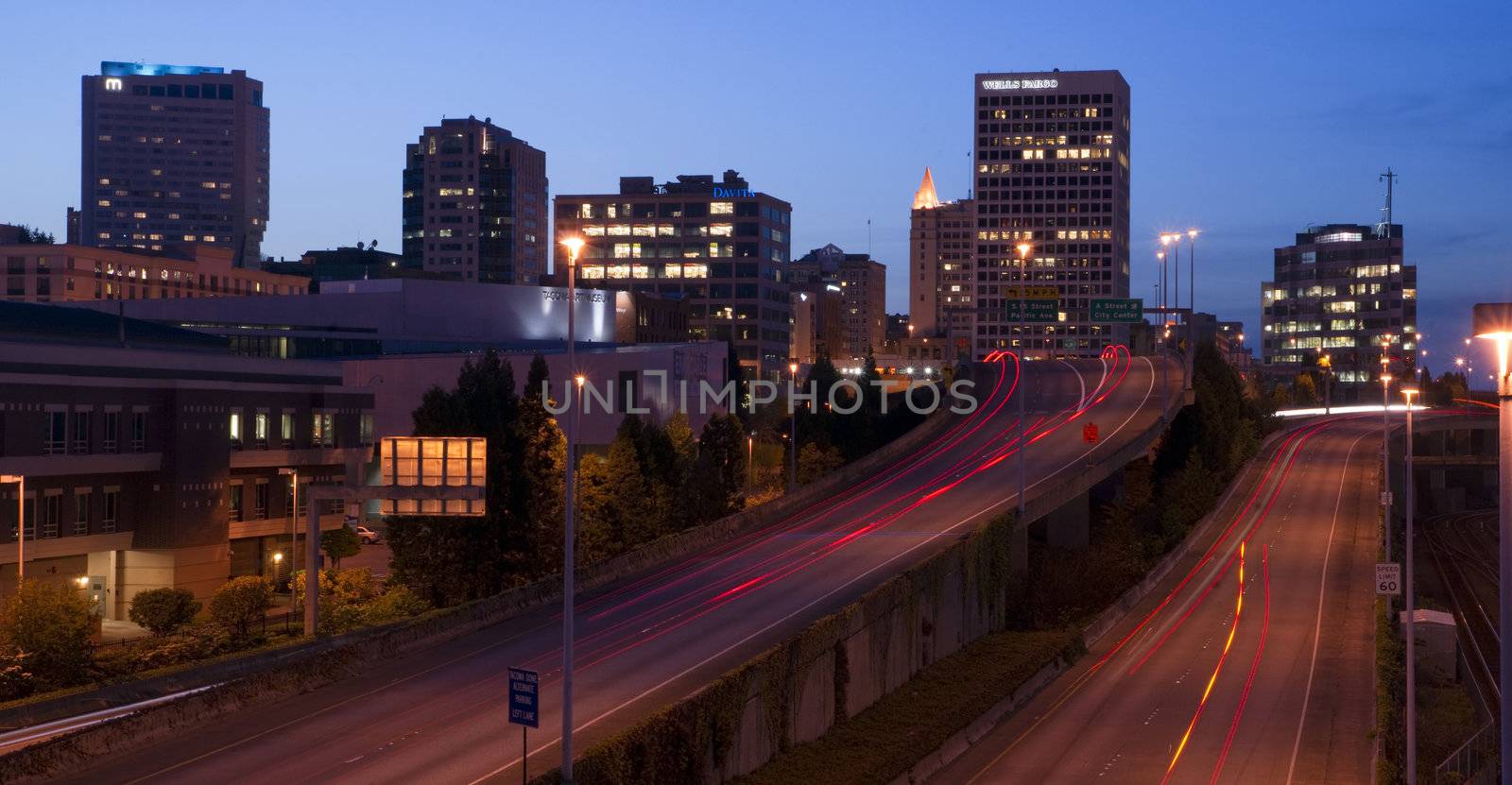 Interstate 705 City Center Tacoma Washington Skyline ay Dusk by ChrisBoswell