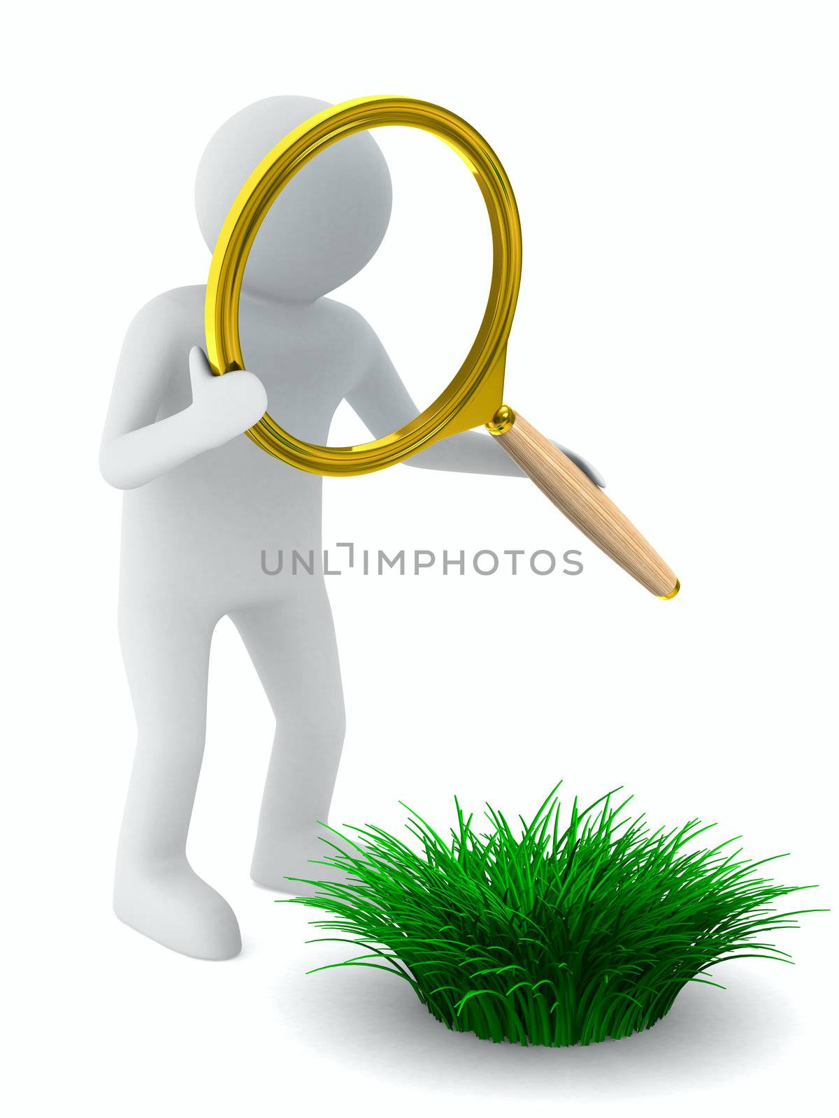 Man with magnifier and grass. Isolated 3D image