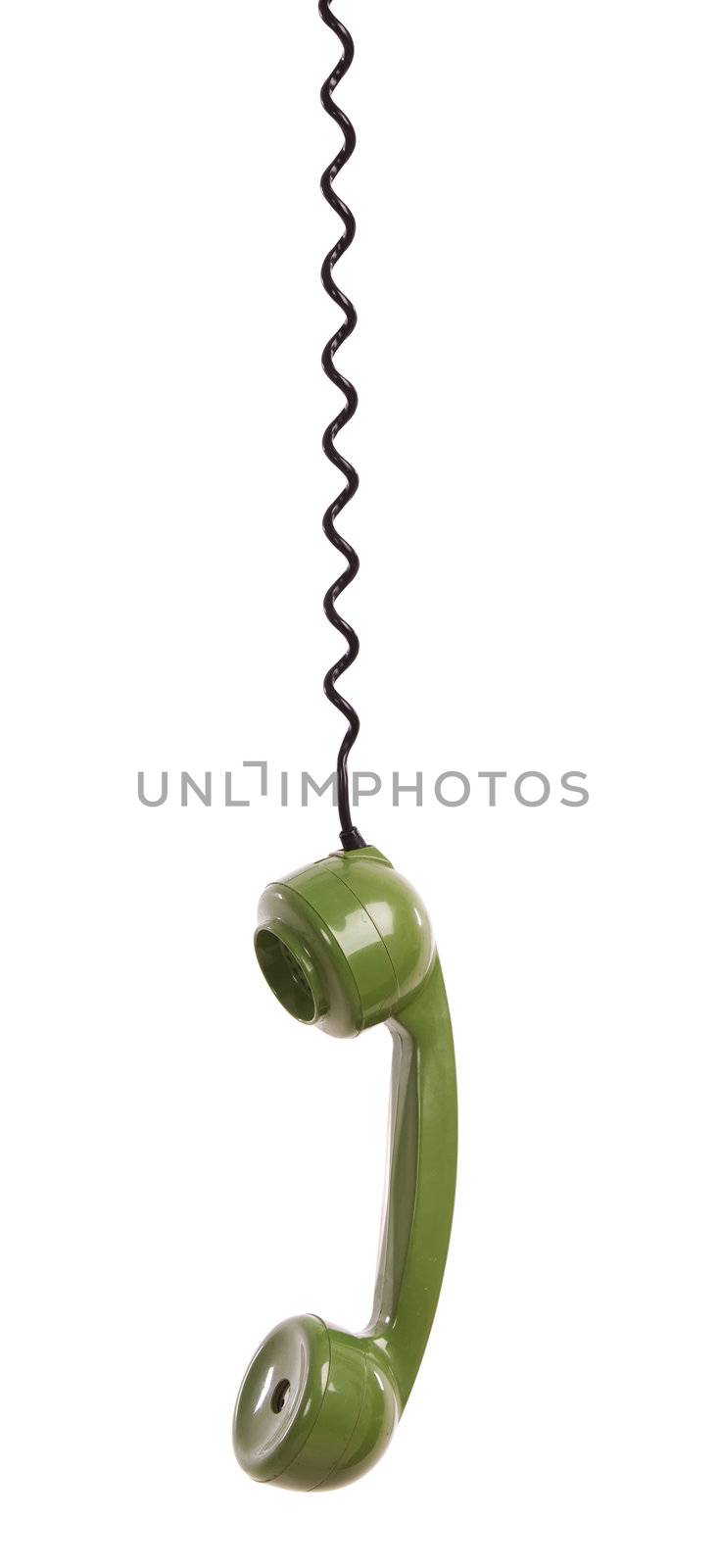 Green handpiece from a vintage telephone, isolated on white