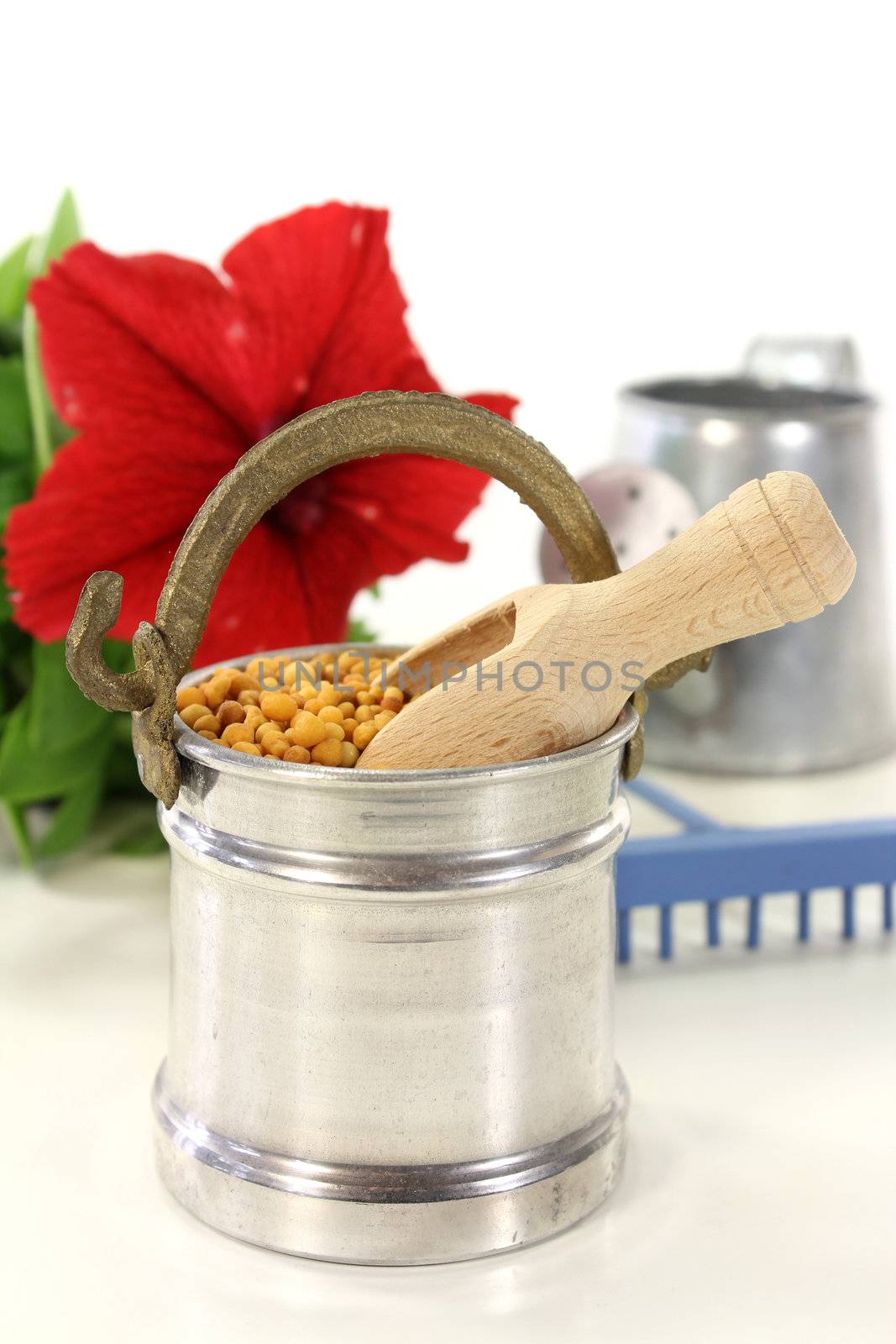 a bucket of slow release fertilizer in front of white background