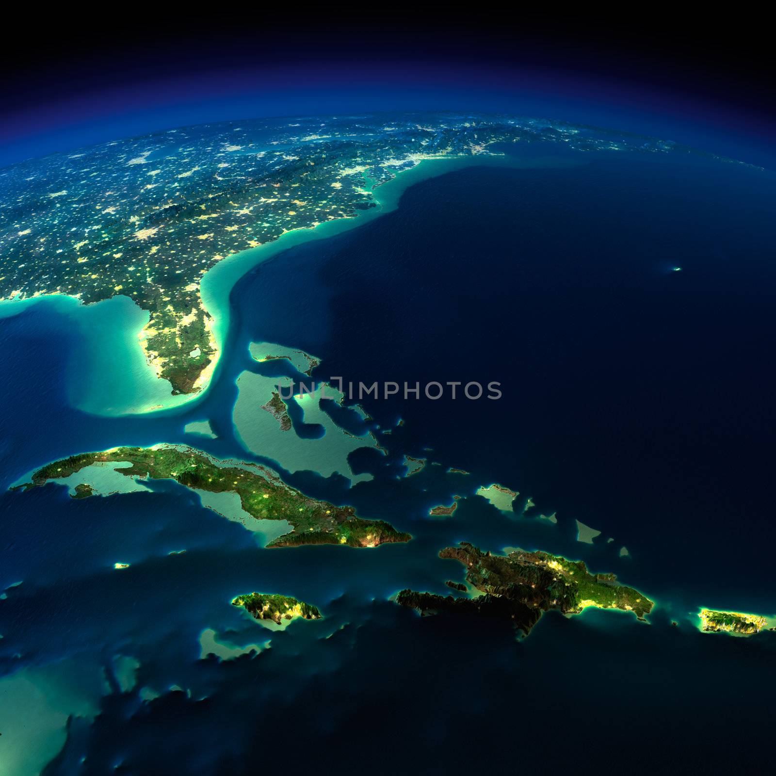 Highly detailed Earth, illuminated by moonlight. The glow of cities sheds light on the detailed exaggerated terrain and translucent water of the oceans. Elements of this image furnished by NASA