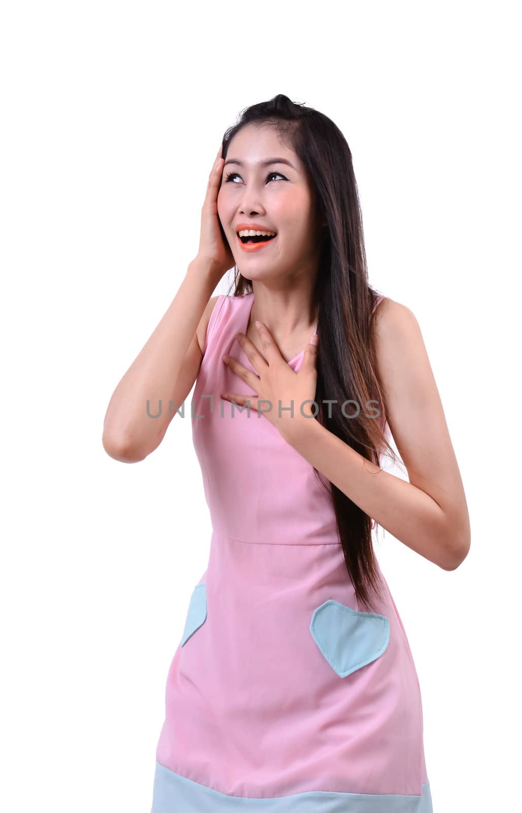 beautiful woman looking surprised against a white background