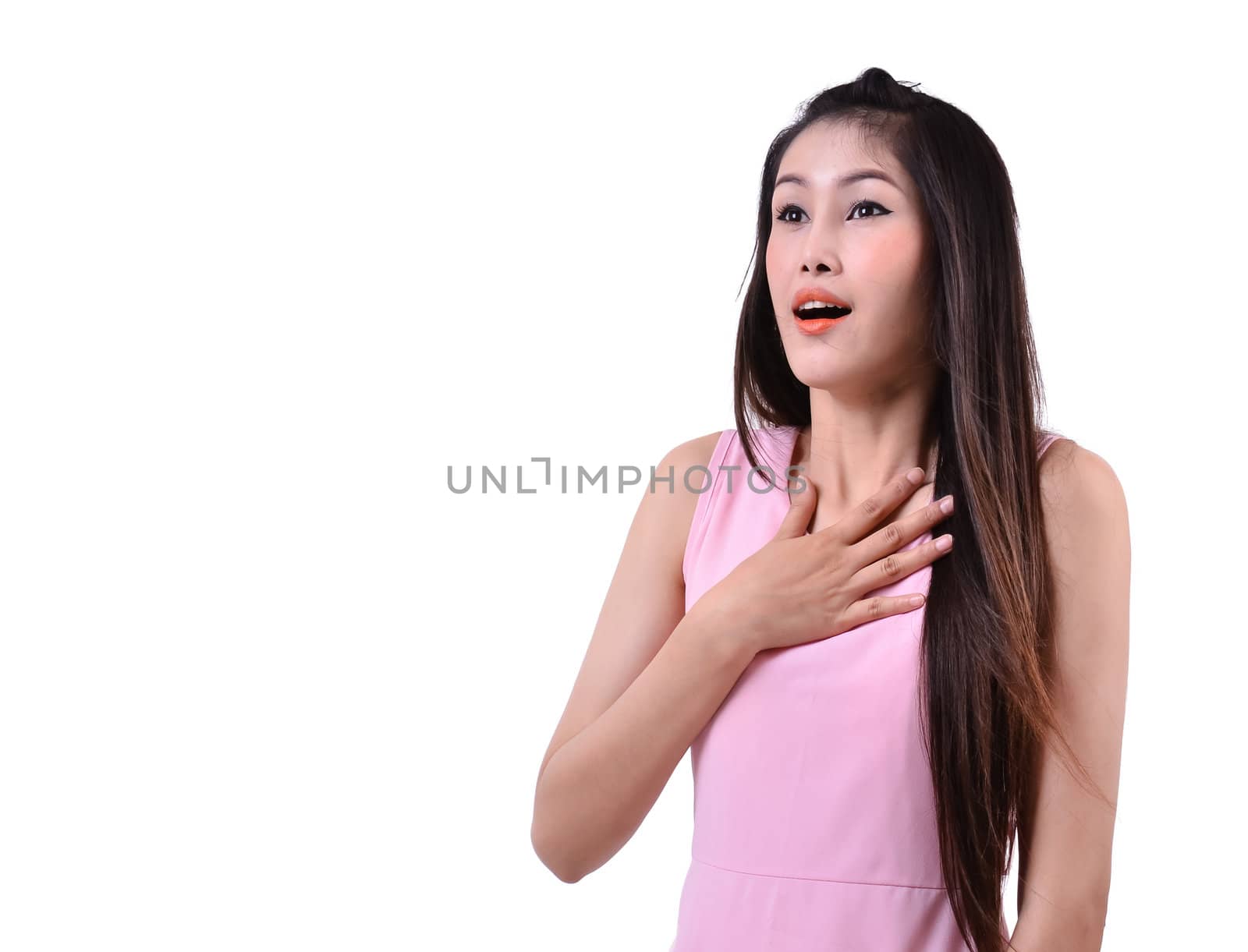 beautiful woman looking surprised against a white background