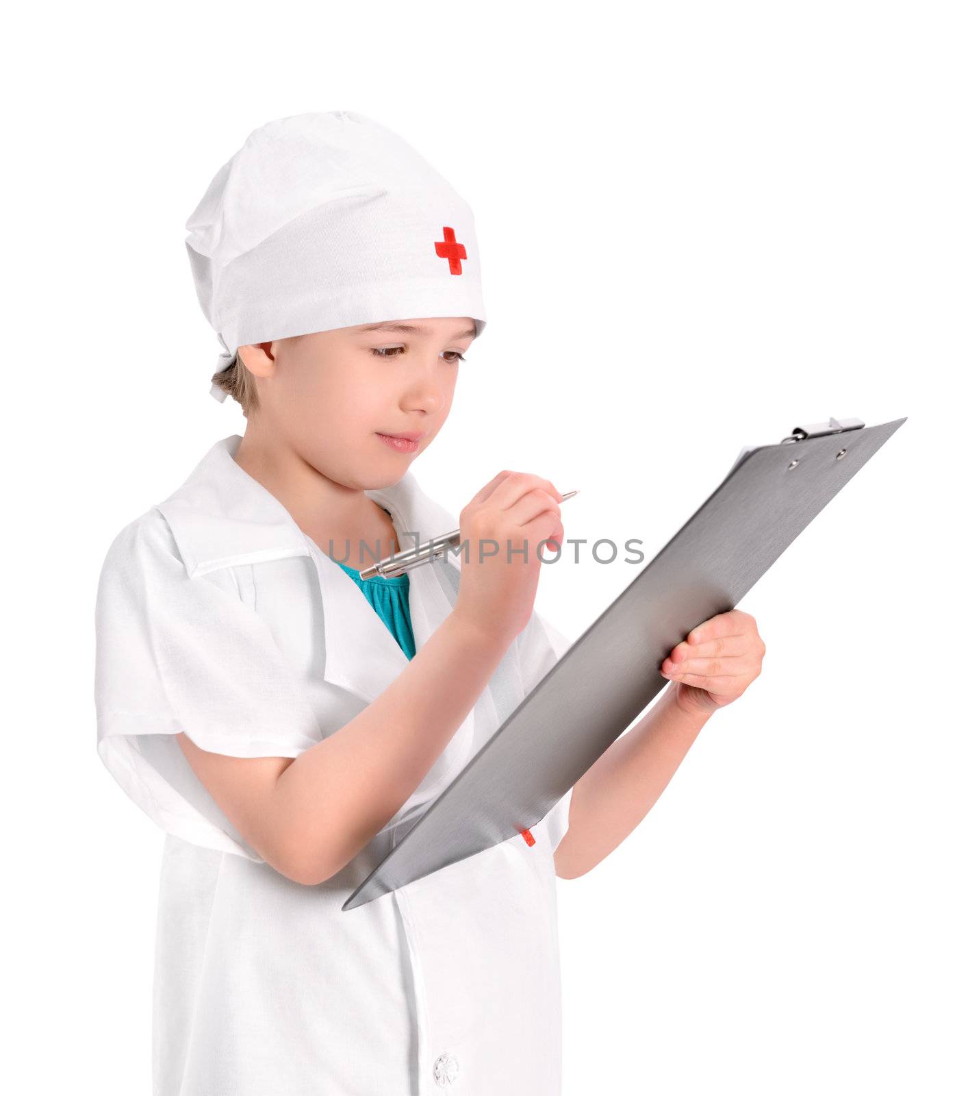 Serious little girl wearing as a nurse on white uniform writing prescription and preparing patients report. Isolated on white background.