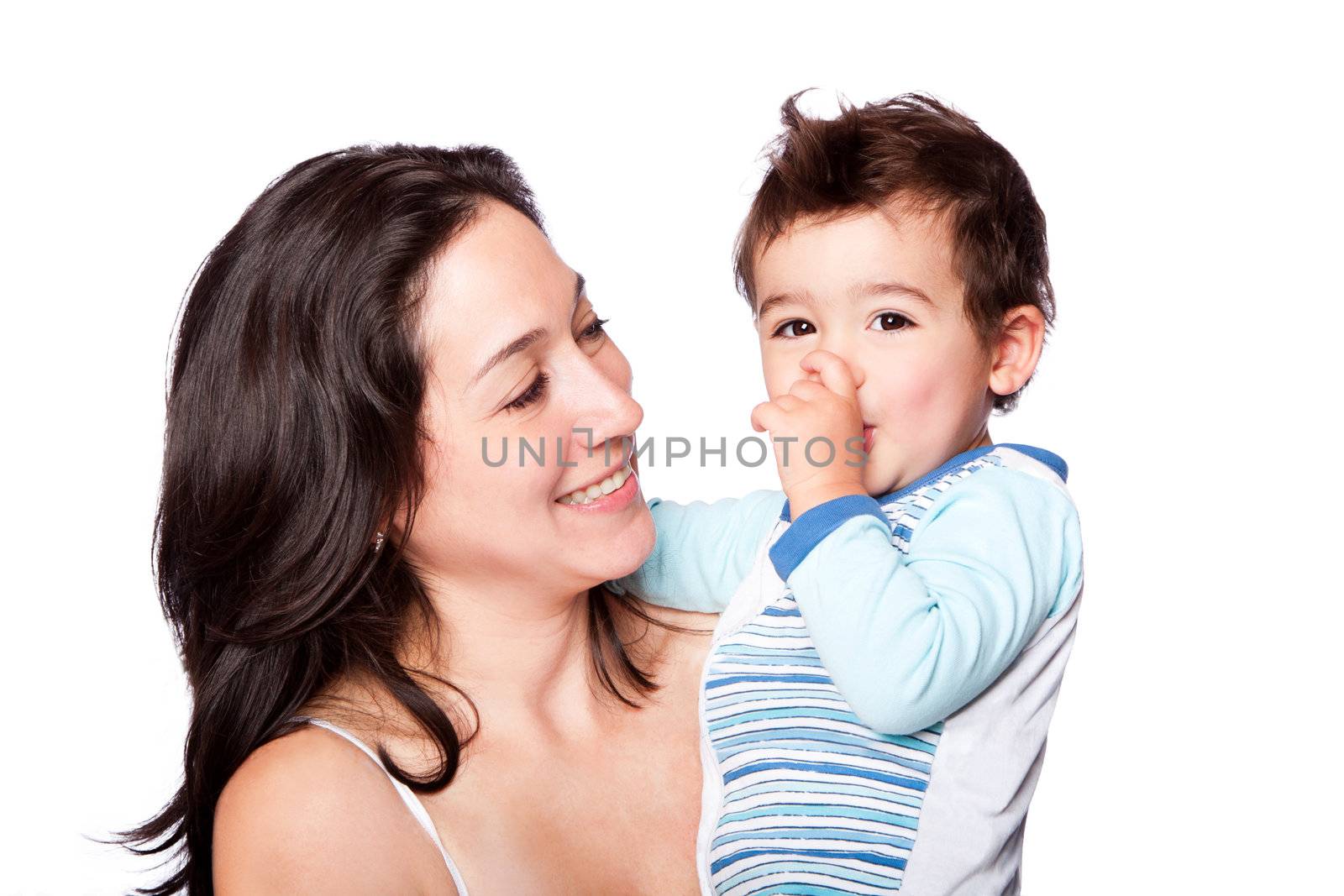Happy family mother and cute son sucking thumb, isolated.