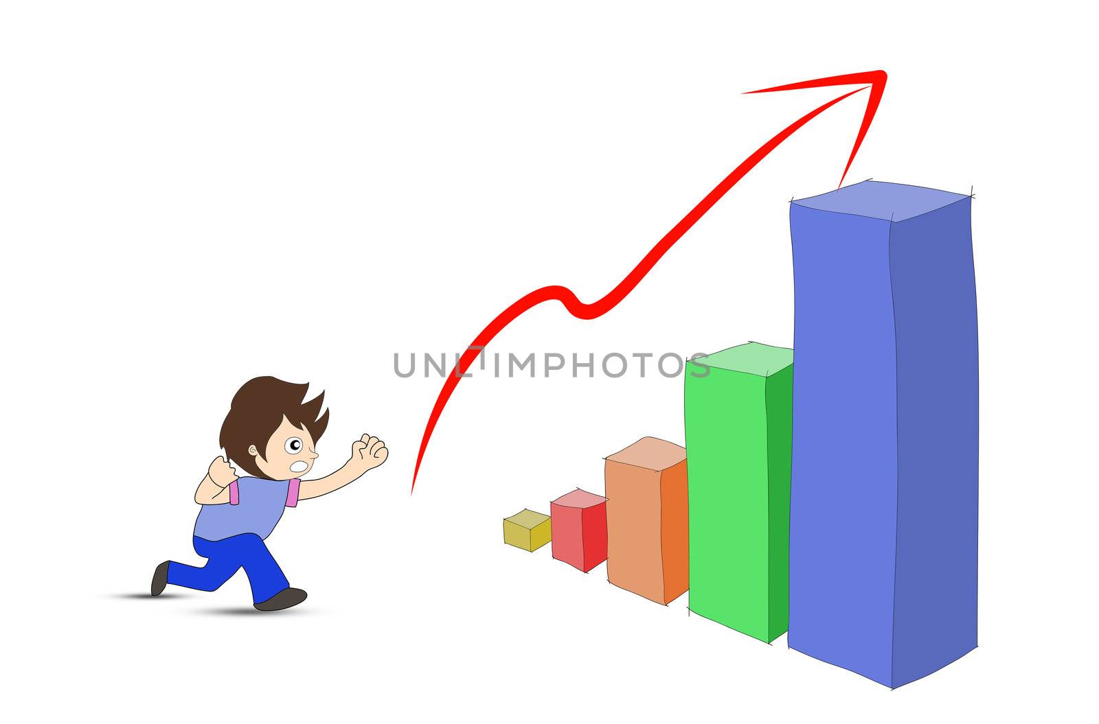 Hand drawn office worker climbs up chart