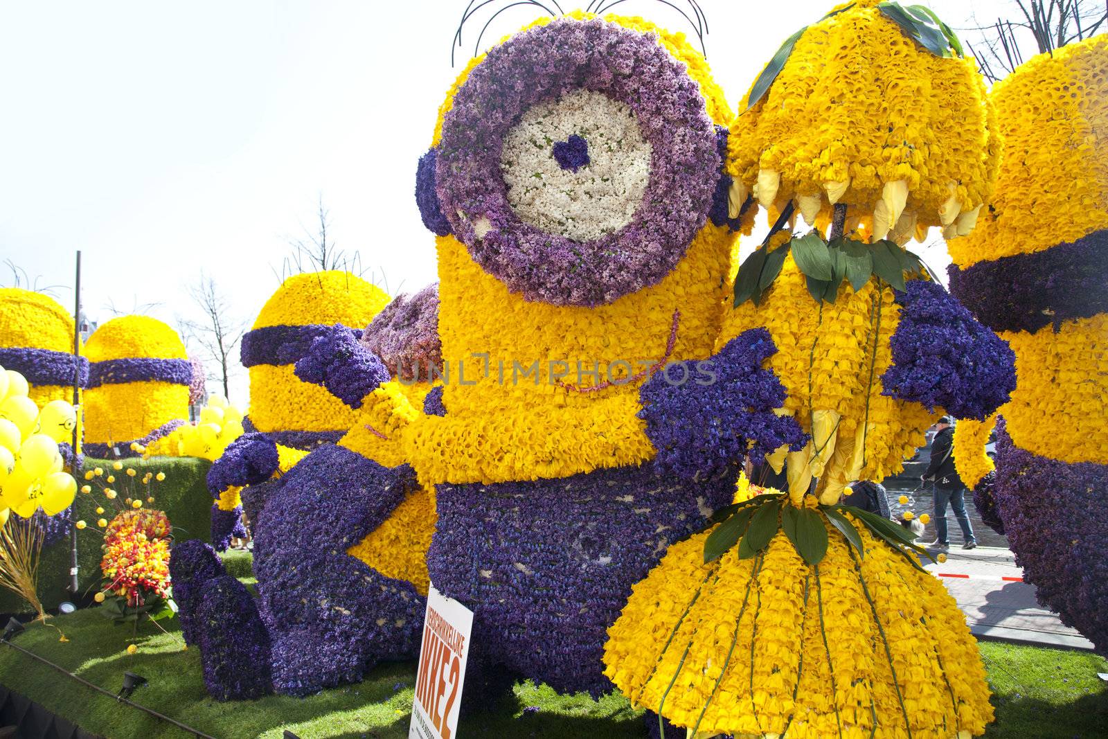 HAARLEM, THE NETHERLANDS - APRIL 21 2013: Despicable character with flowers at flower parade on April 21 2013 in Haarlem, The Netherlands. The annual flower parade is a unique event with one million visitors. 