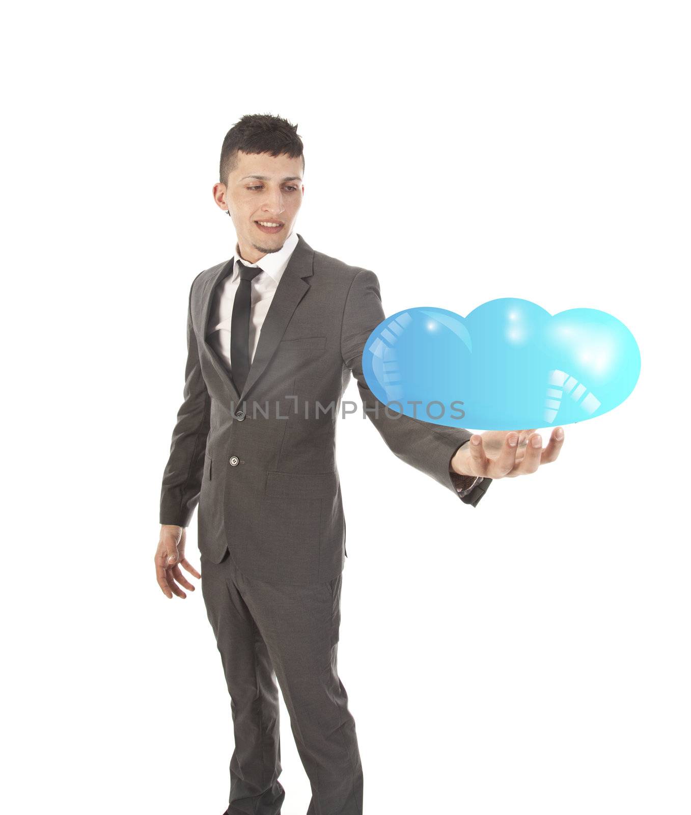 Young man holding cloud concept isolated on white background by gigra