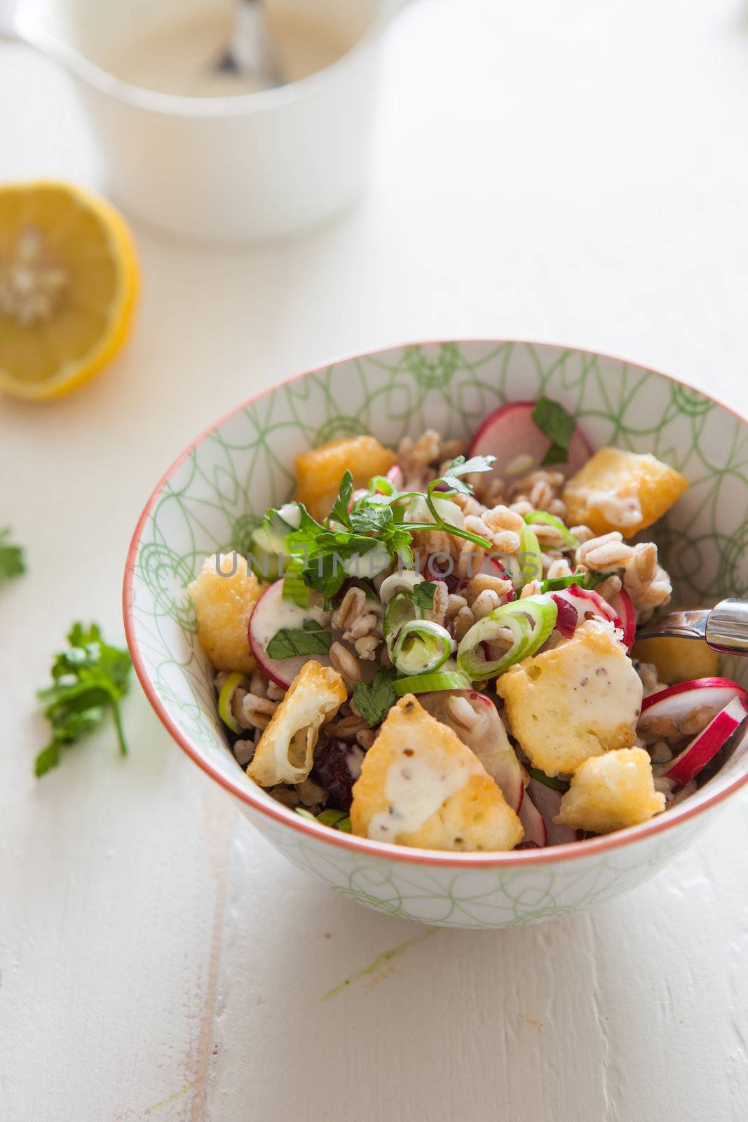 Salad with spelt, halloumi, parsley and radish