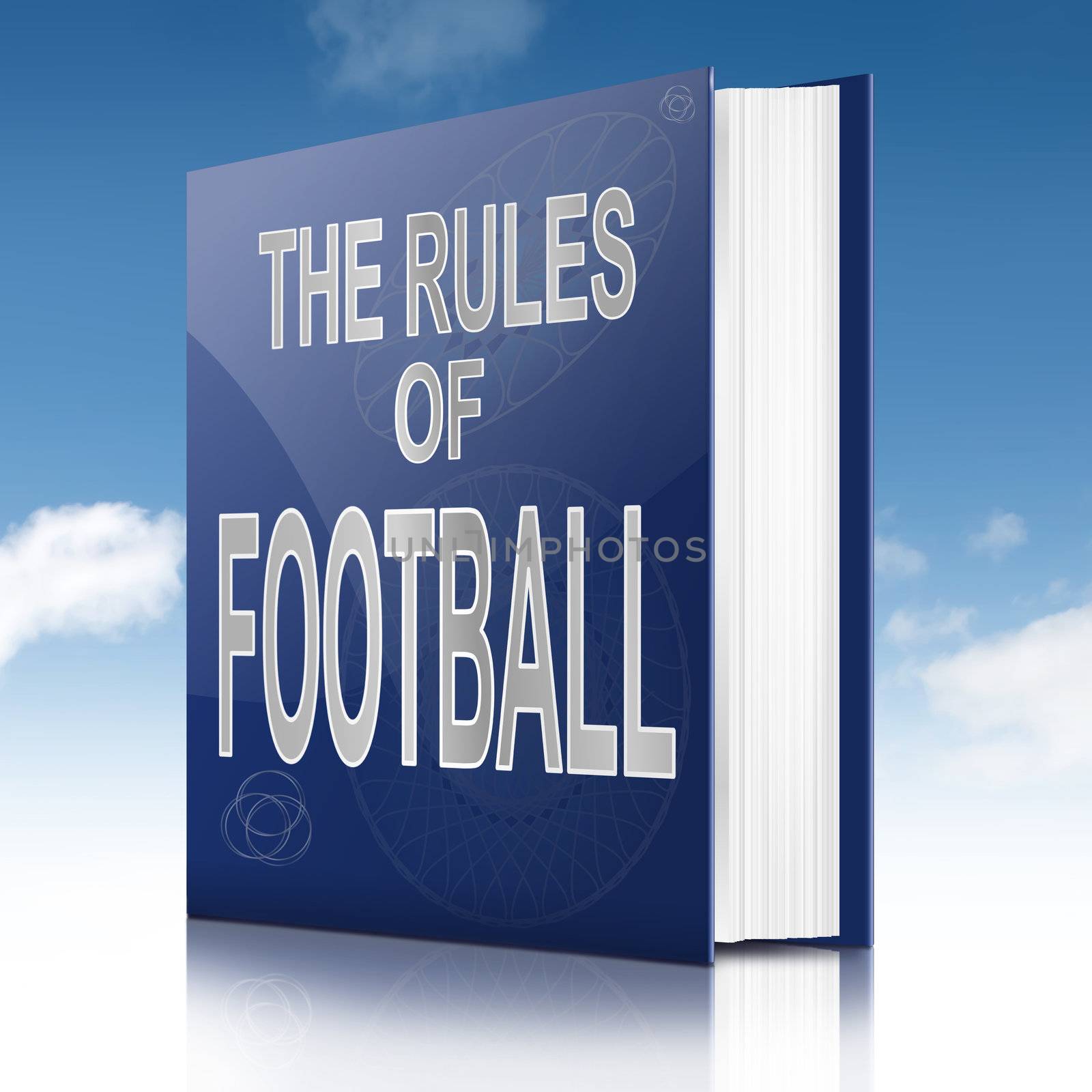 Illustration depicting a text book with a football rules concept title. Sky background.