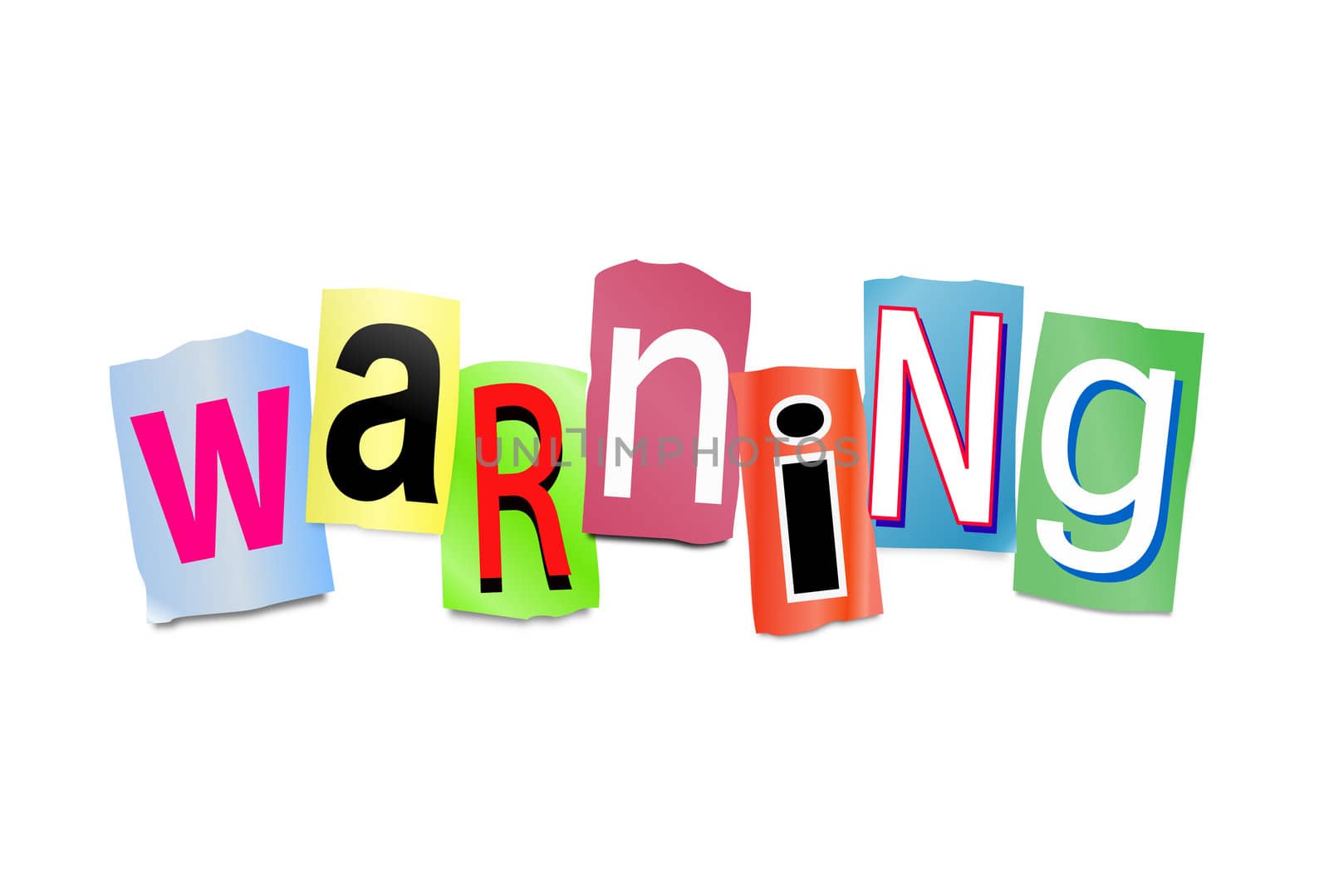 Illustration depicting cut out letters arranged to form the word warning.