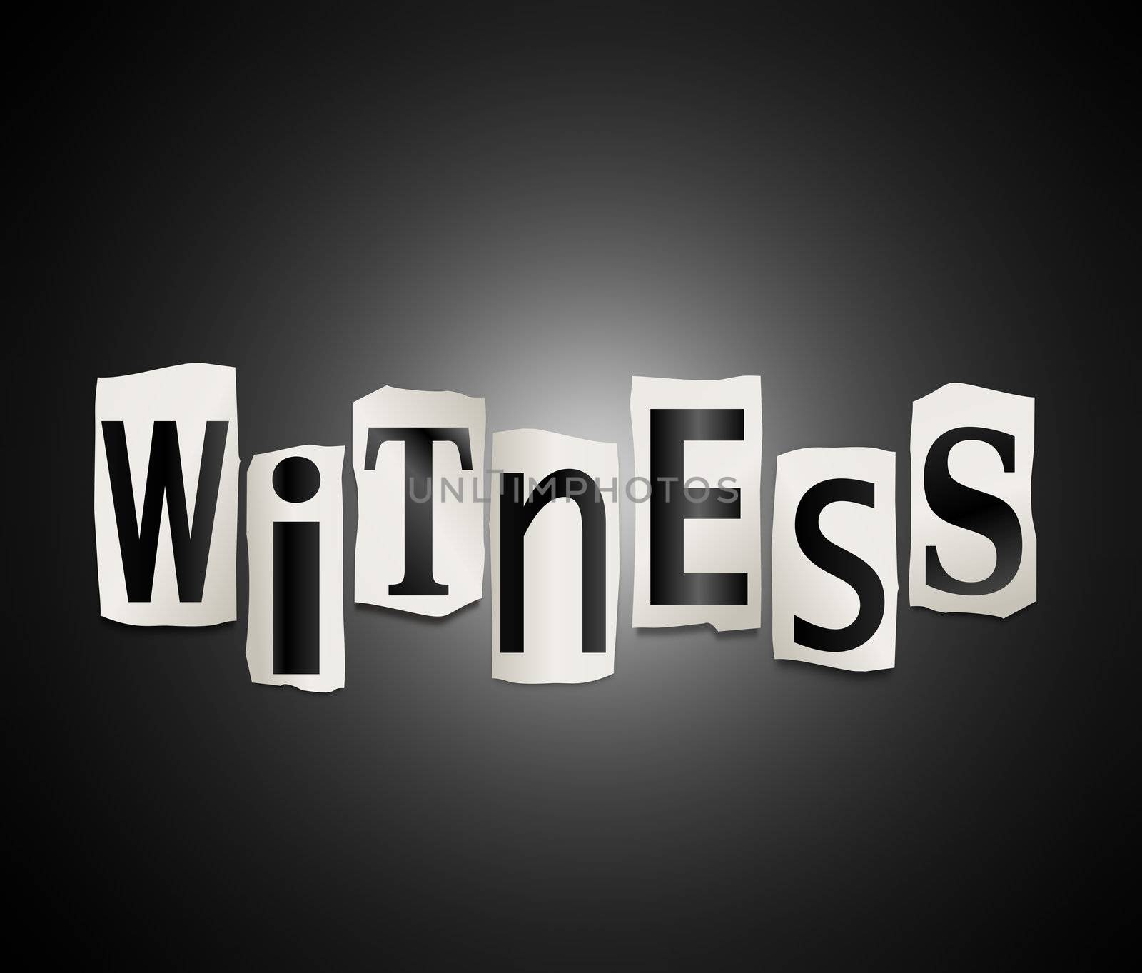 Illustration depicting cut out letters arranged to form the word witness.