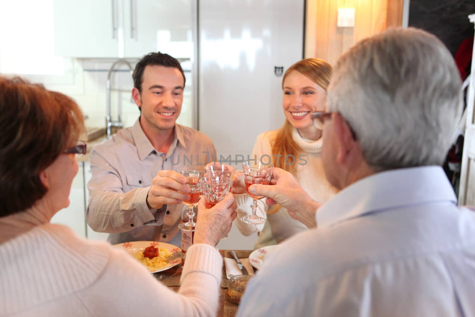 Four adults making a toast at dinner by phovoir