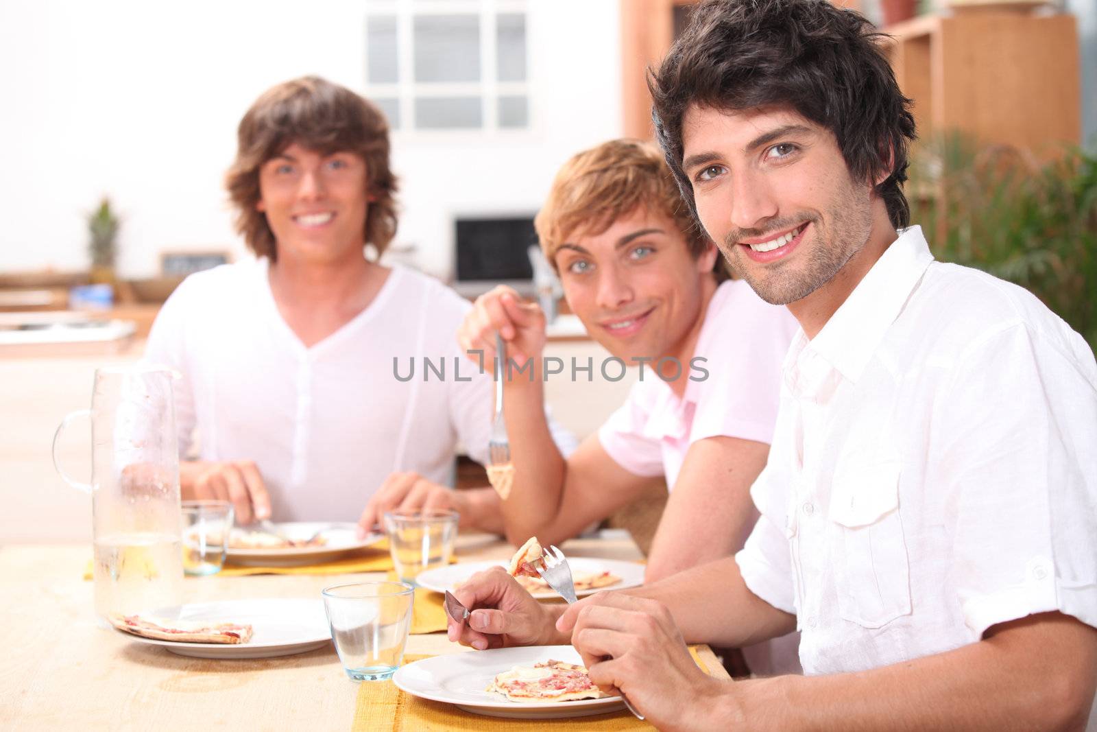 Three young men having lunch by phovoir
