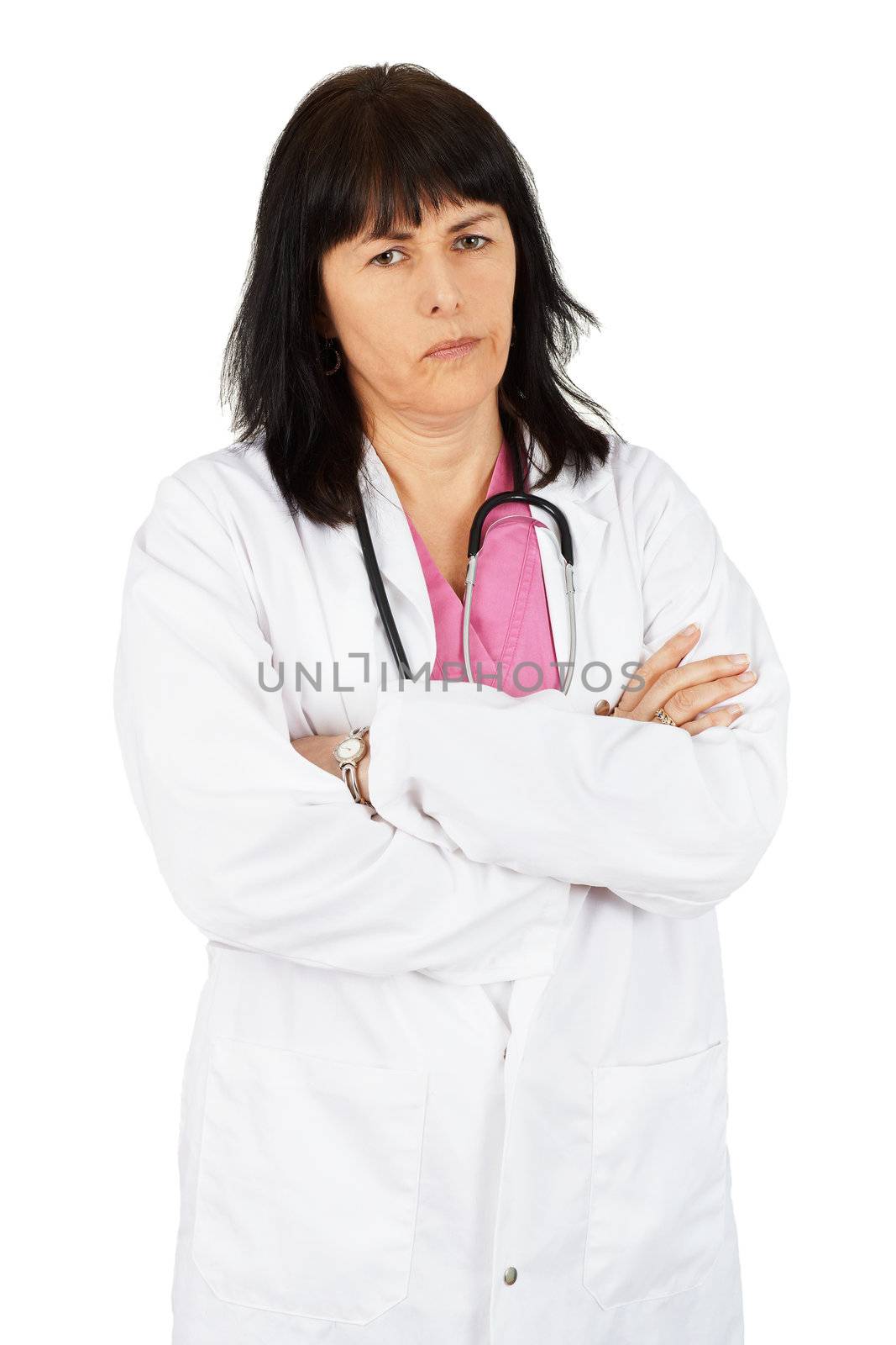 Middle age woman doctor with arms crossed, unhappy, on white