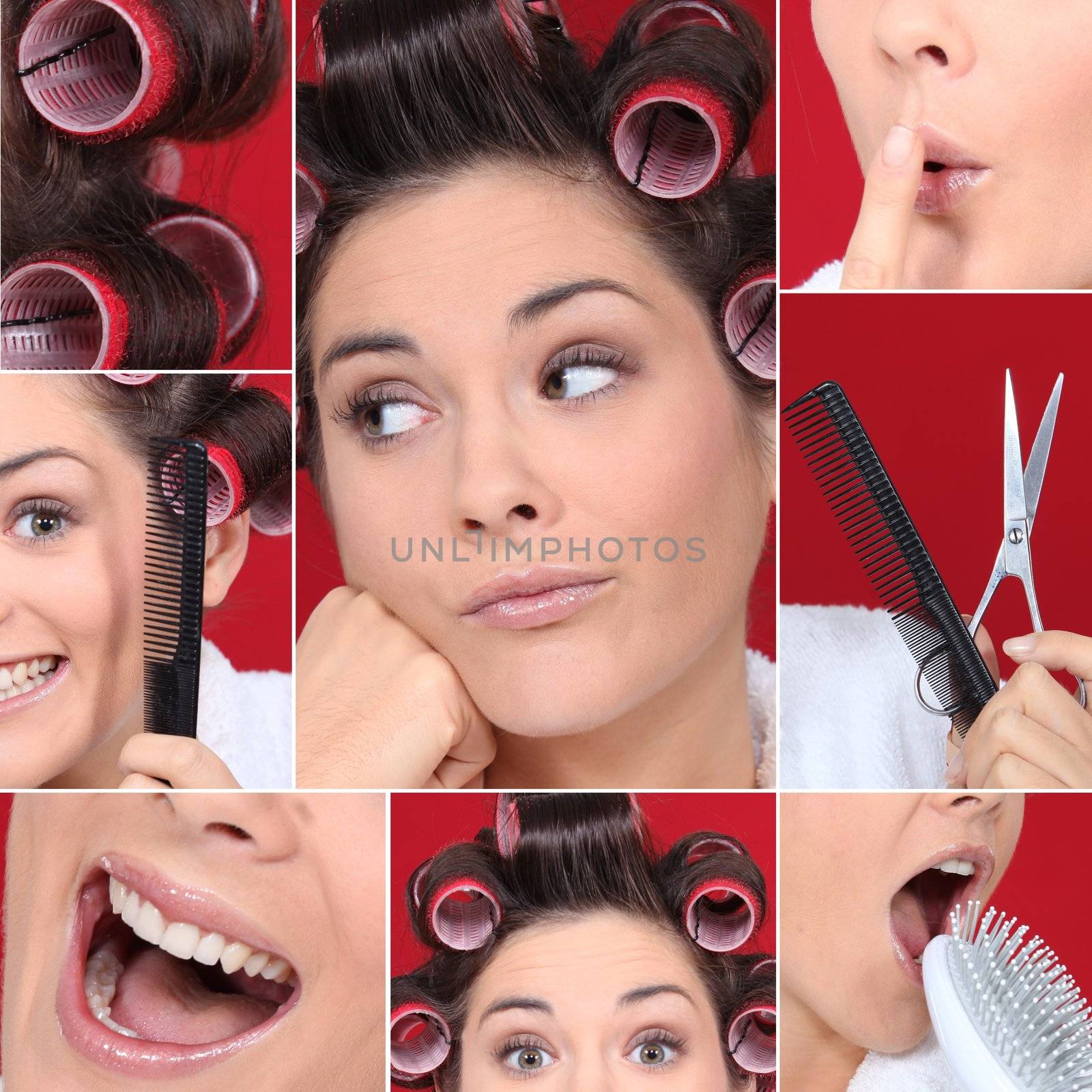 Collage of young woman with hair curlers