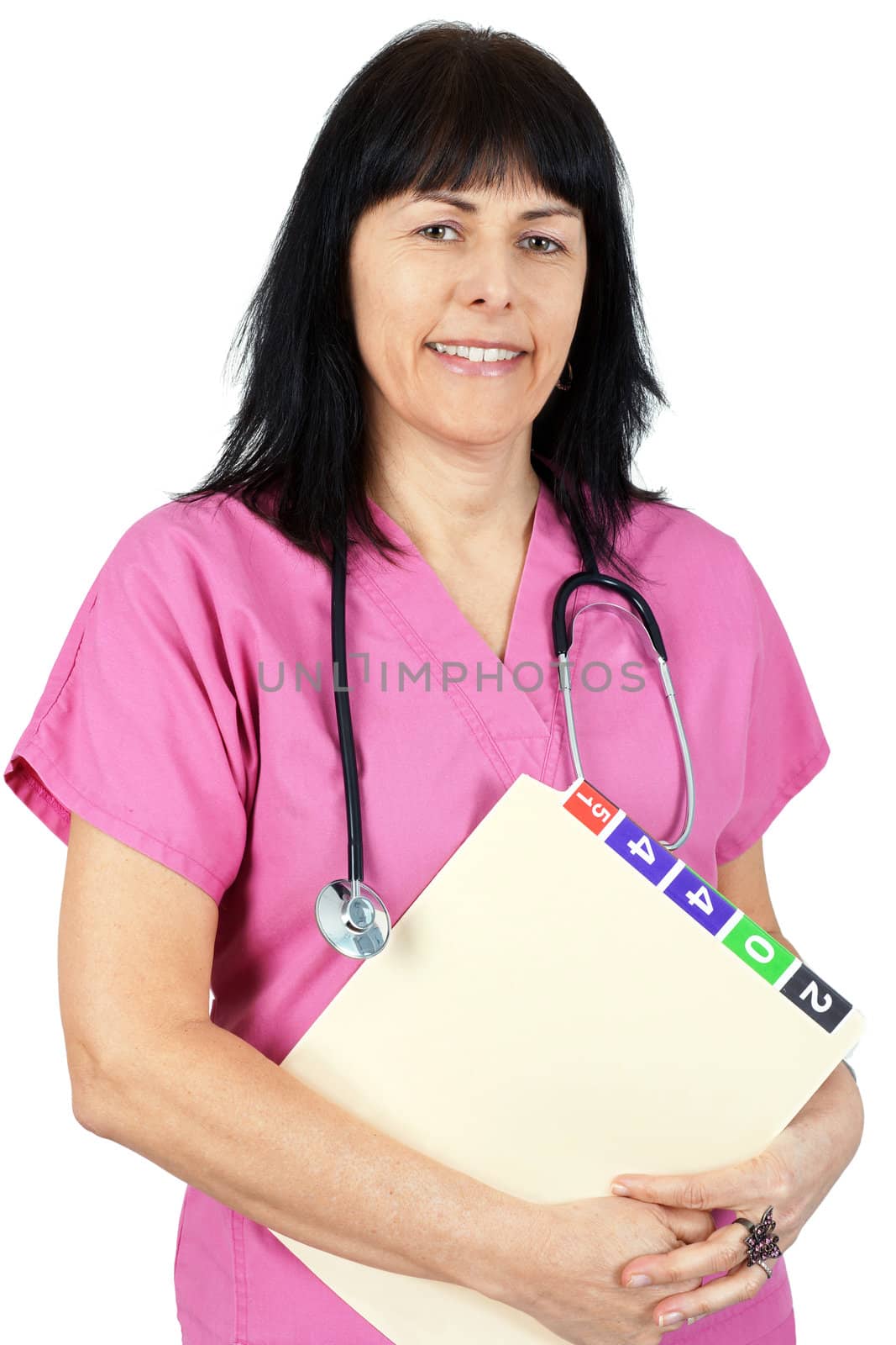 Friendly female doctor or nurse in pink isolated on white.