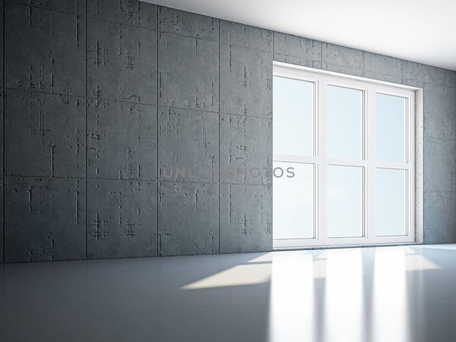 The empty room with big panoramic window