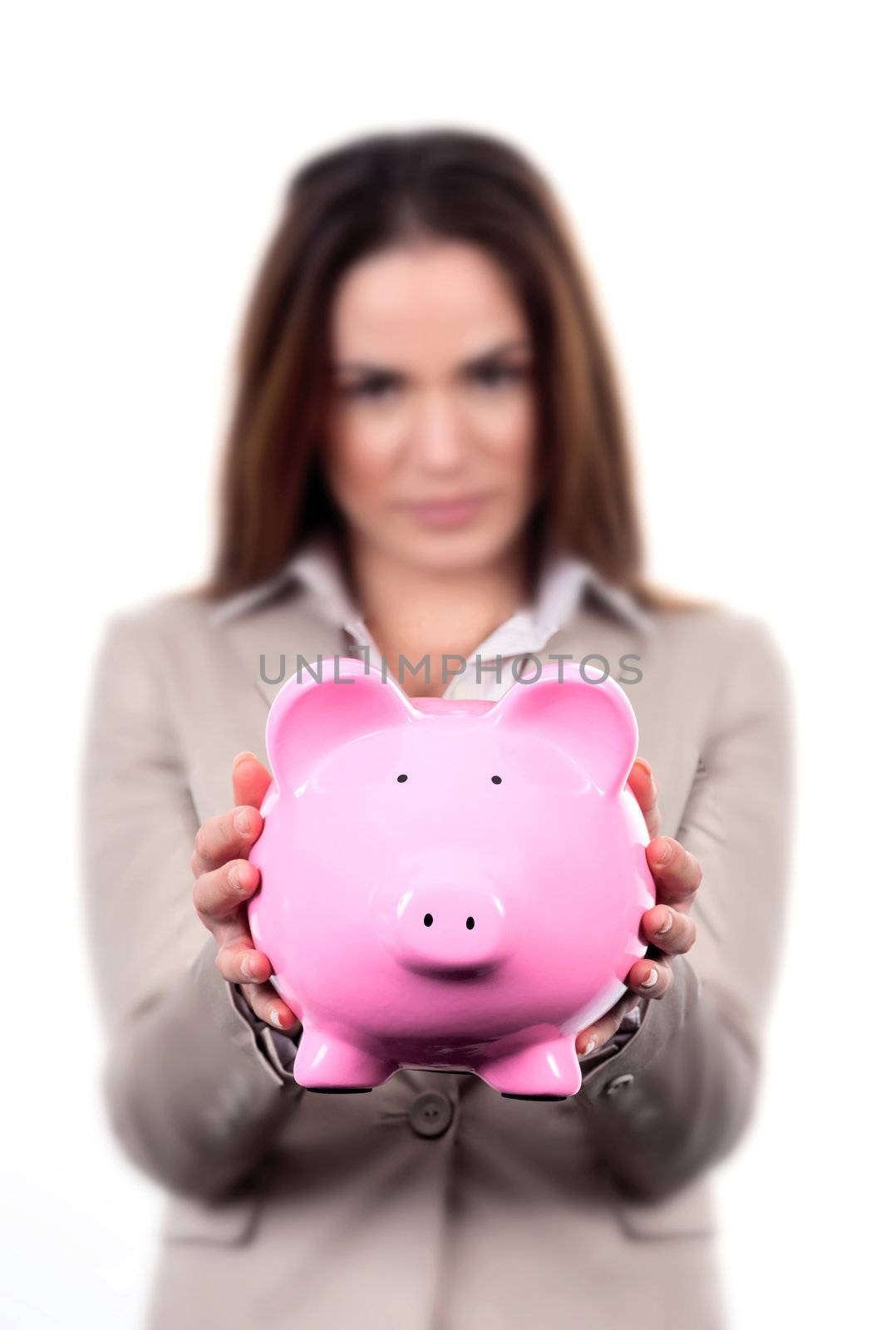 woman with pink piggy bank by vwalakte