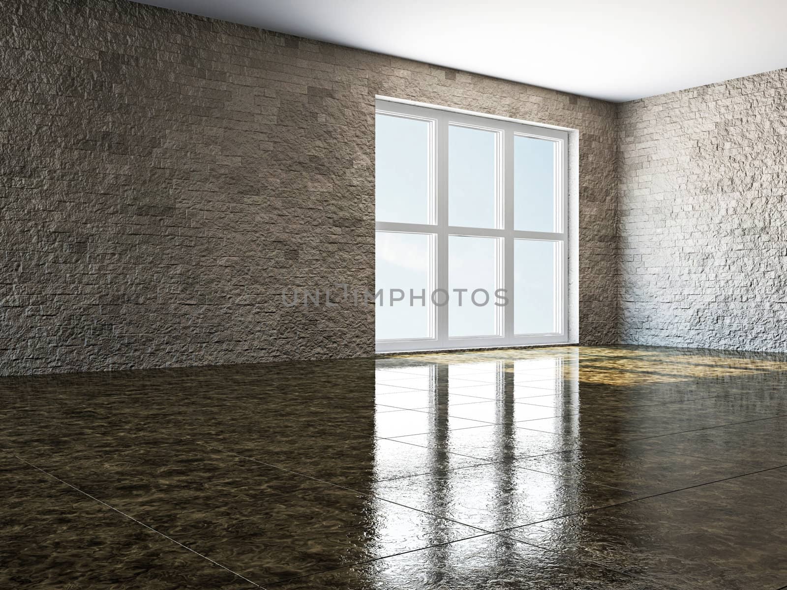 The empty room with big panoramic window