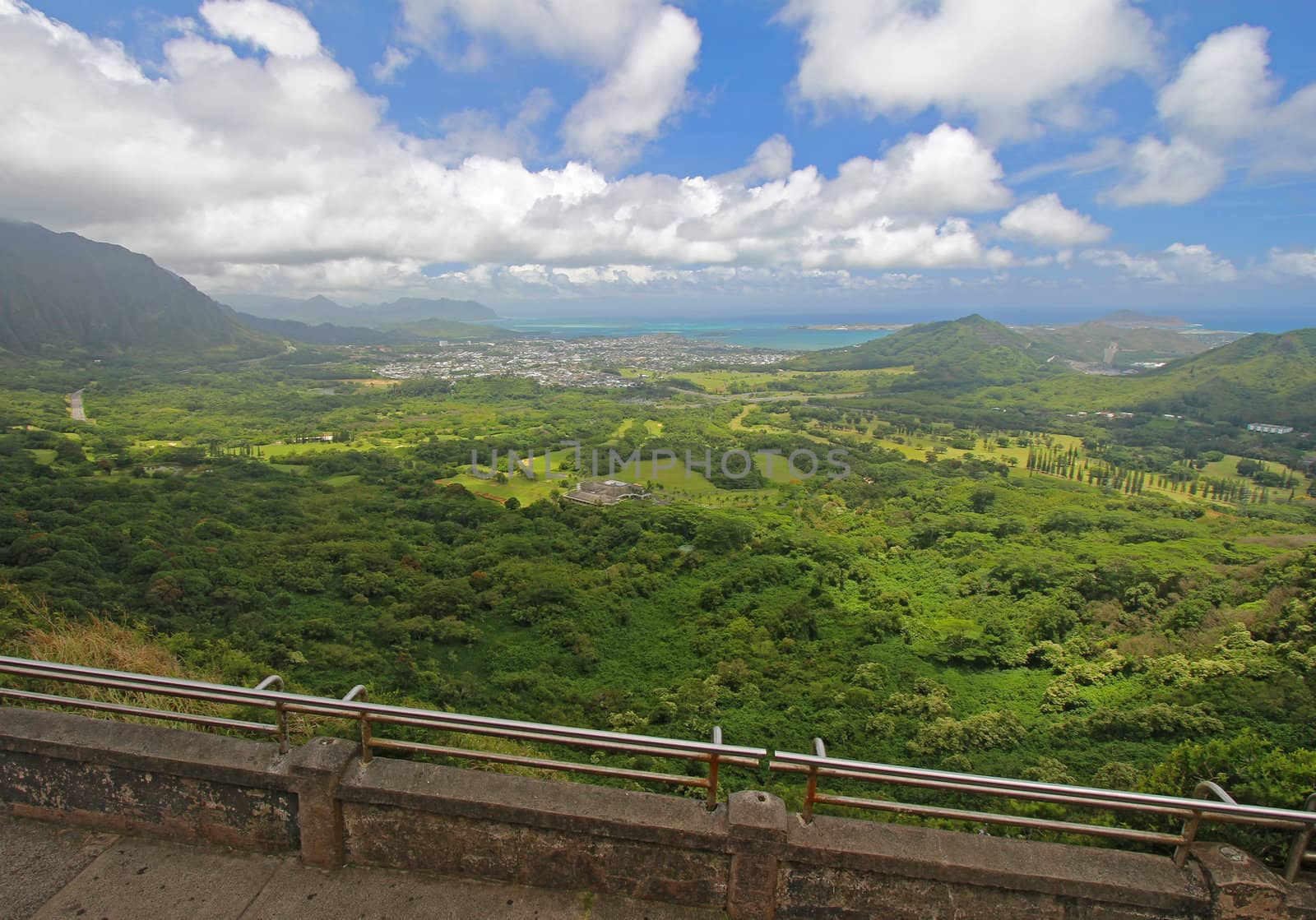 View of the windward coastline of Oahu, Hawaii, from the Nuuanu Pali Lookout in the mountains above Honolulu