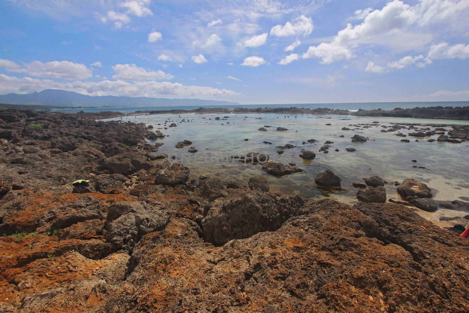 View of the Pupukea tide pools on the south side of Sharks Cove, Oahu, Hawaii. Sharks Cove is located on the north shore of Oahu and has been rated by Scuba Diving Magazine as one of the top 12 shore diving areas in the world.