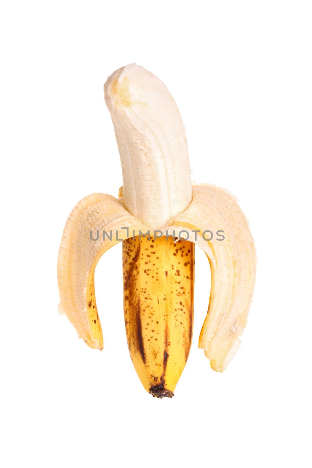 Partially peeled, ripe spotted banana by sgoodwin4813