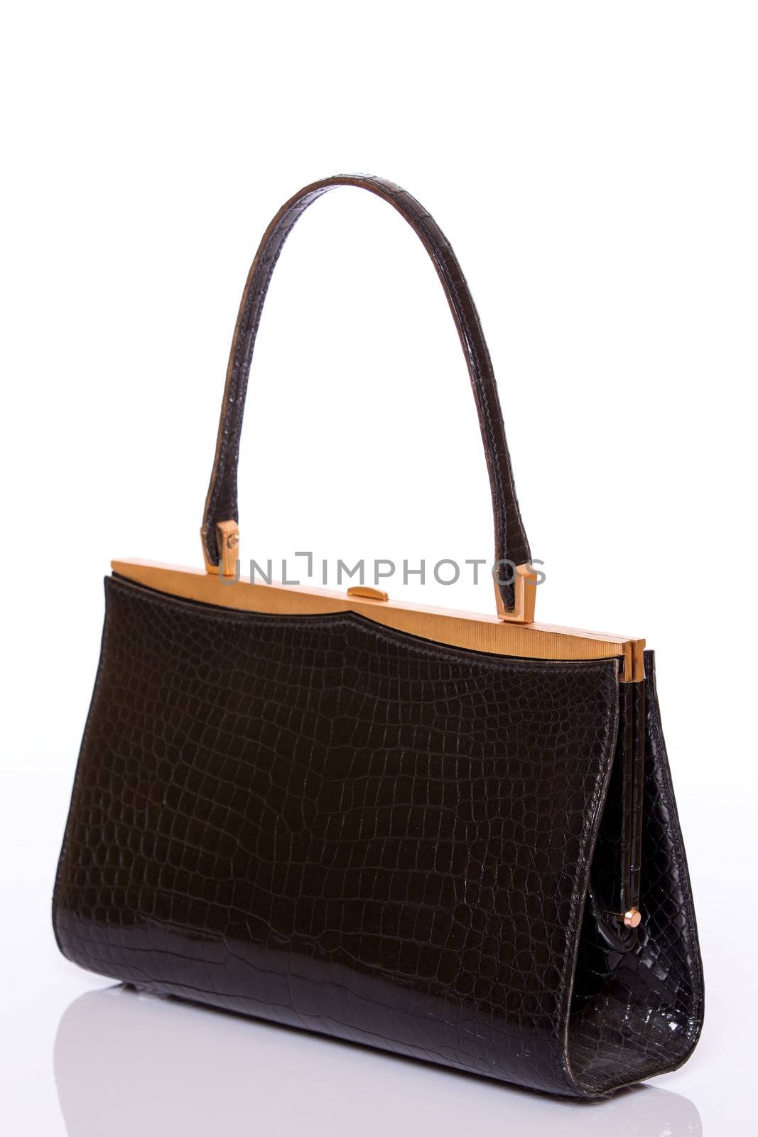 Leather elegant lady's black handbag crocodile textured