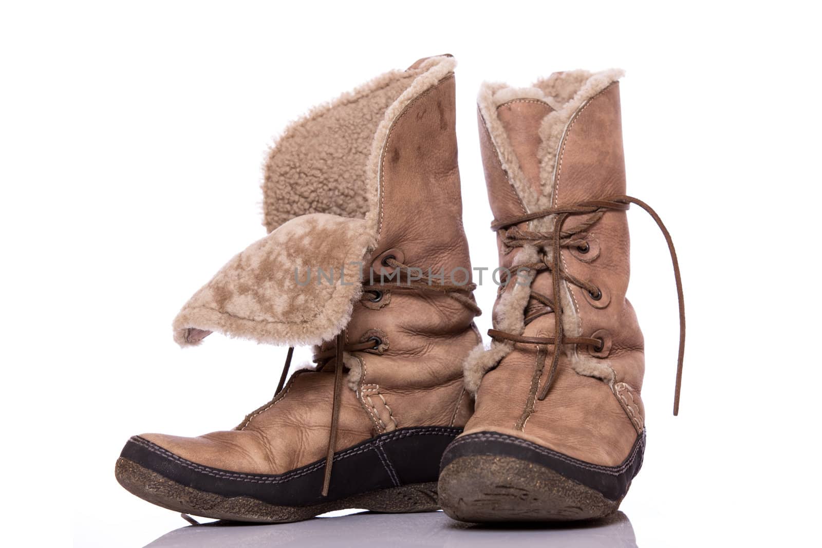 Winter warm brown fur shoes on white background