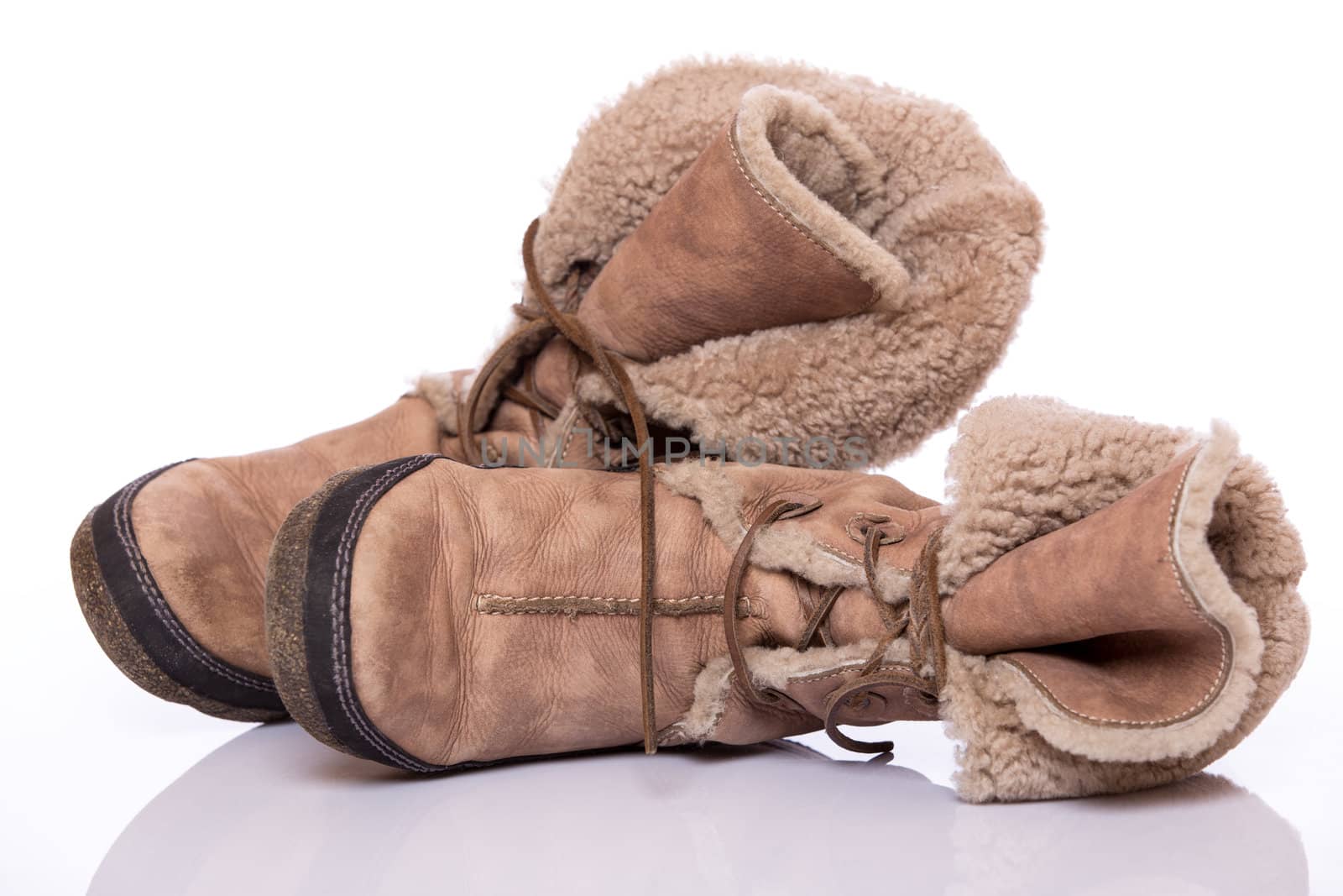 Winter warm brown fur shoes on white background