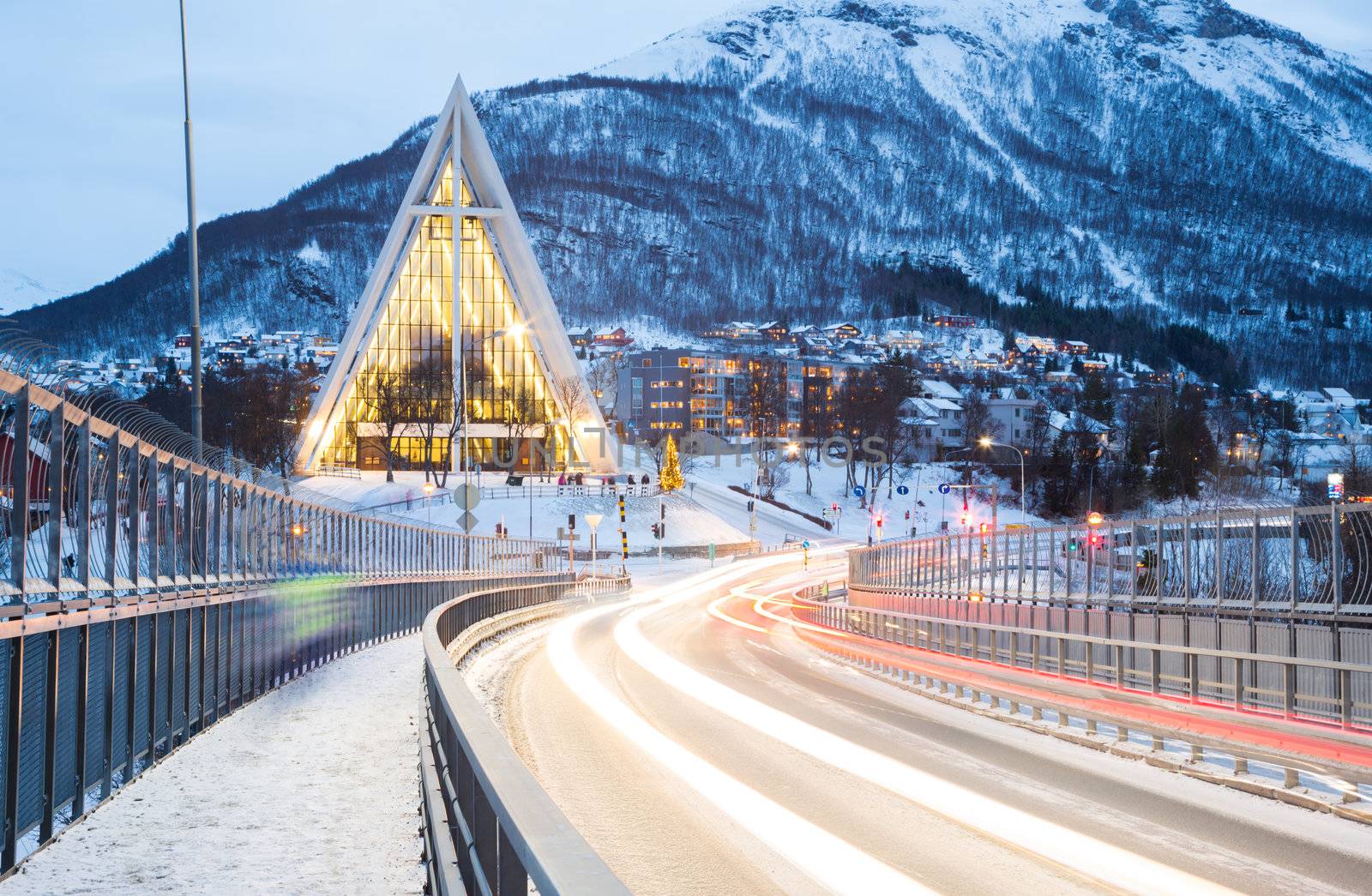 Tromso Arctic Cathedral Church in Norway at dusk twilight