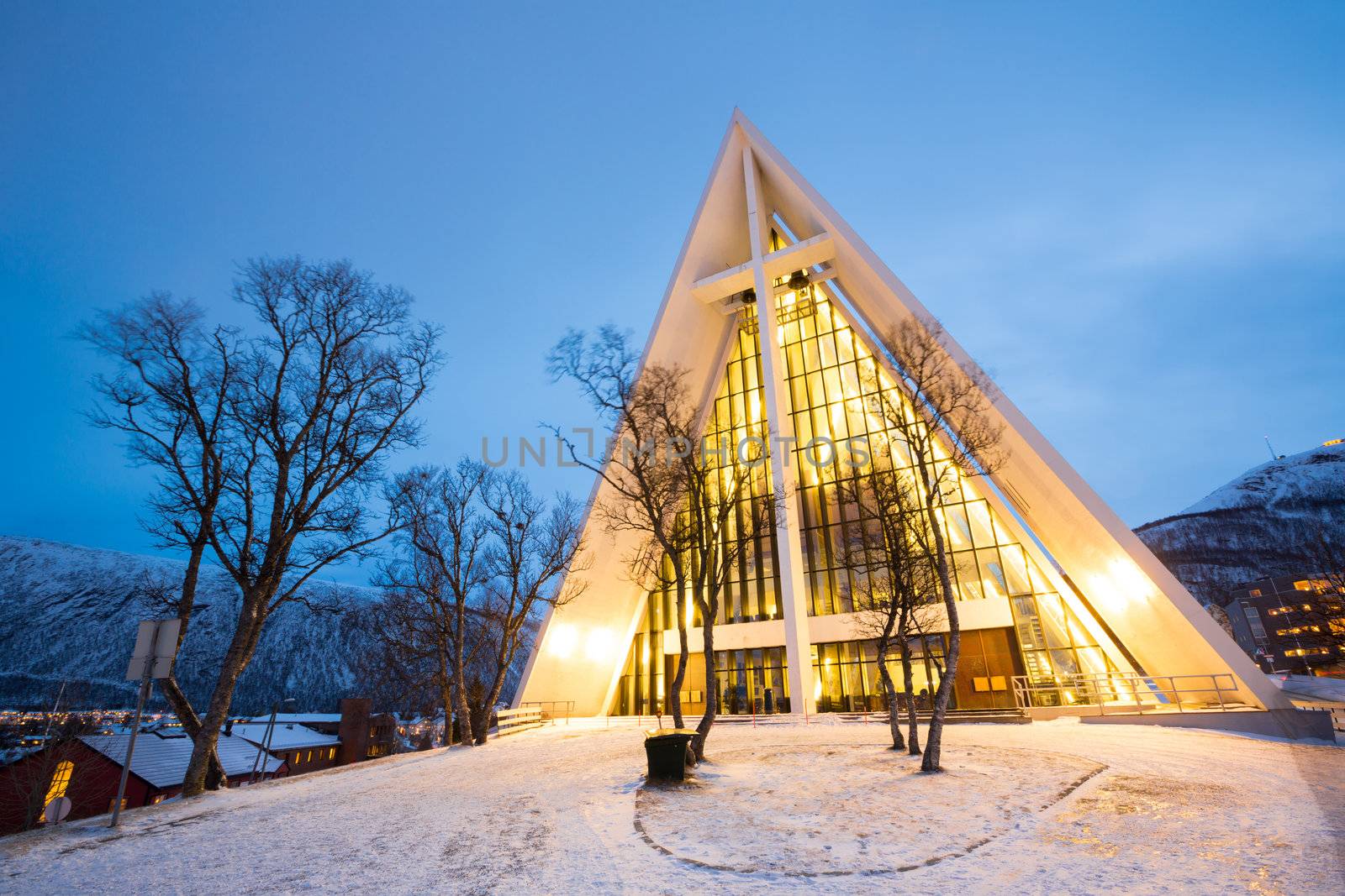 Tromso Arctic Cathedral Church in Norway at dusk twilight