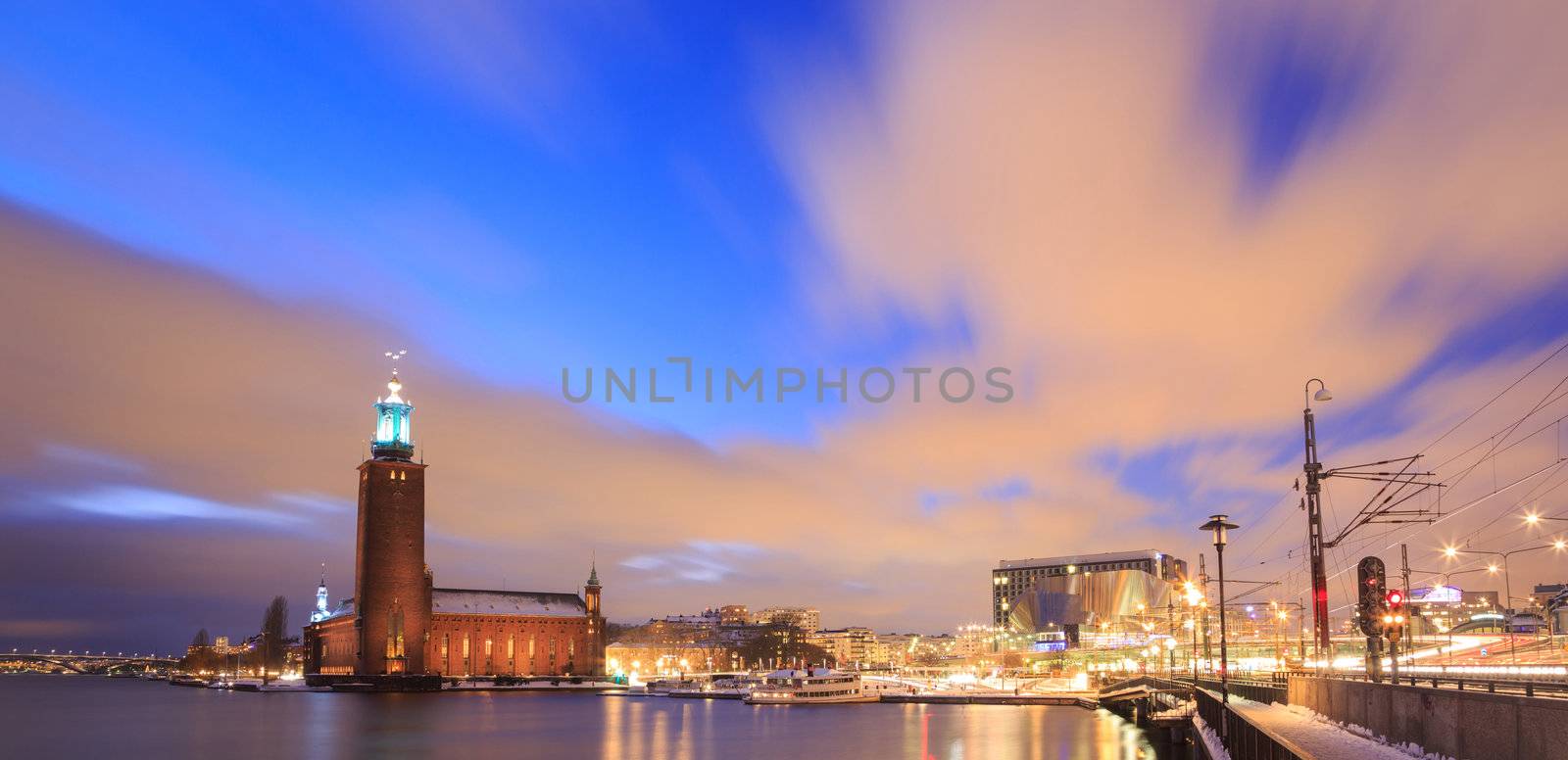 Panorama of Stockholm City Hall at dusk twilight Sweden