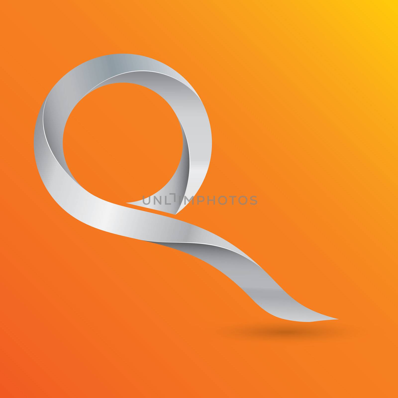 Modern 3d stylized metal letter Q on vivid orange background