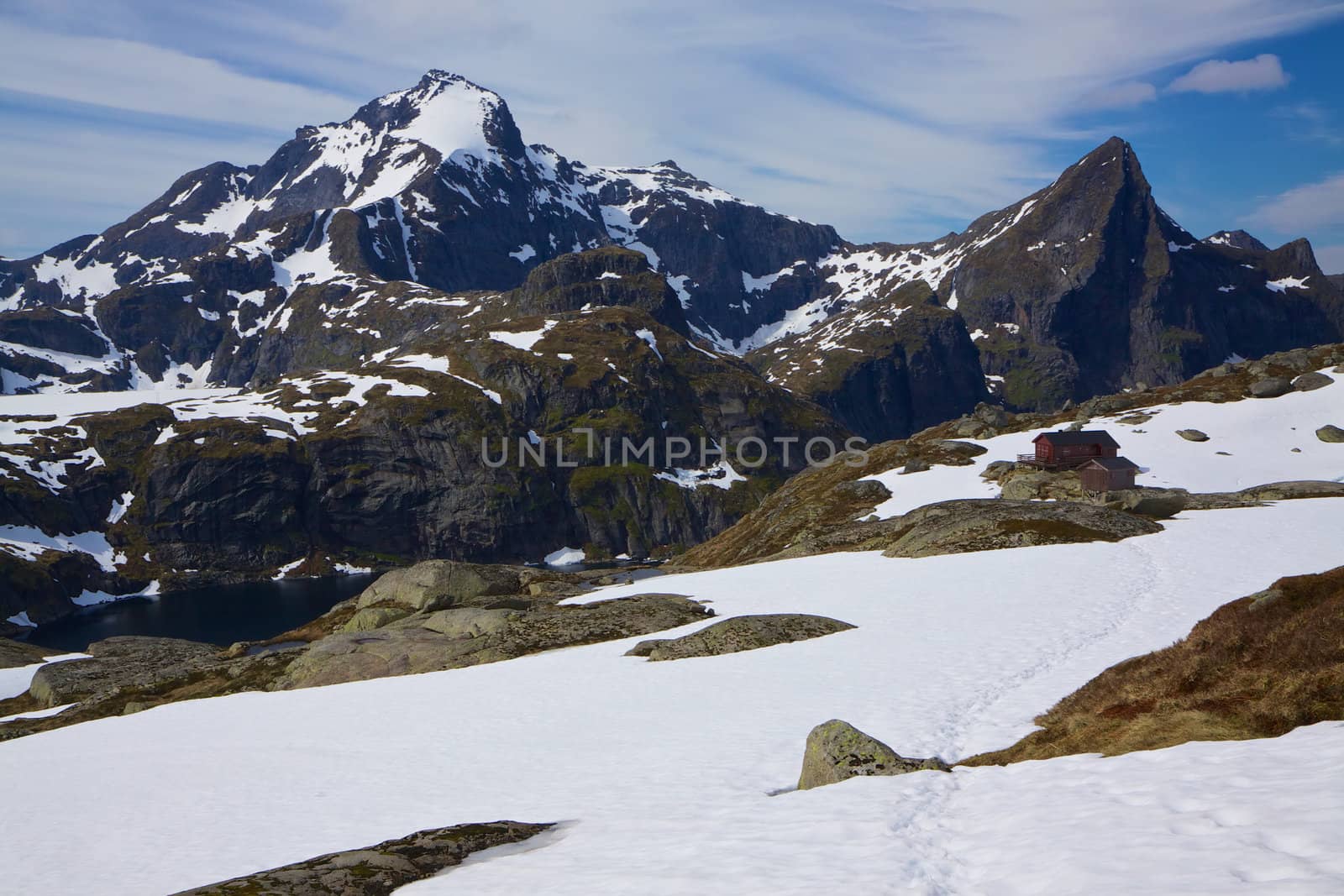 Scenic view of snow covered mountains on Lofoten islands in Norway
