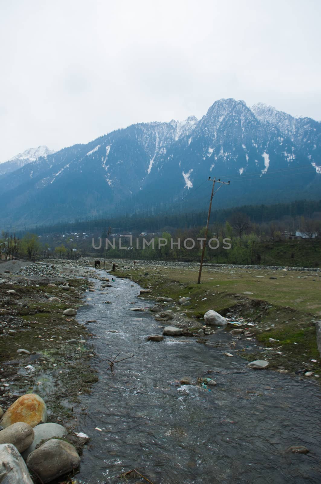 river and mountain in Pahalgam Valley, Kashmir, India