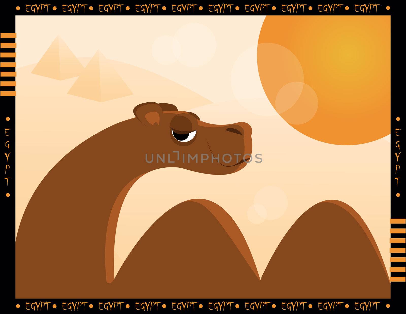 camel in desert with sun and pyramid