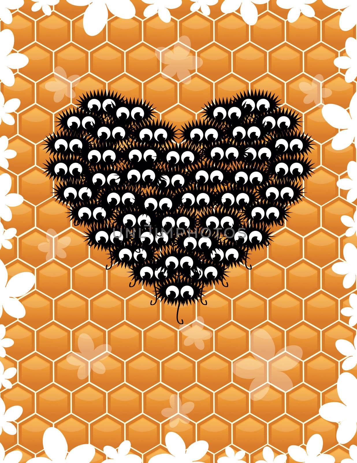 honey background with many bee heart on valentine`s day