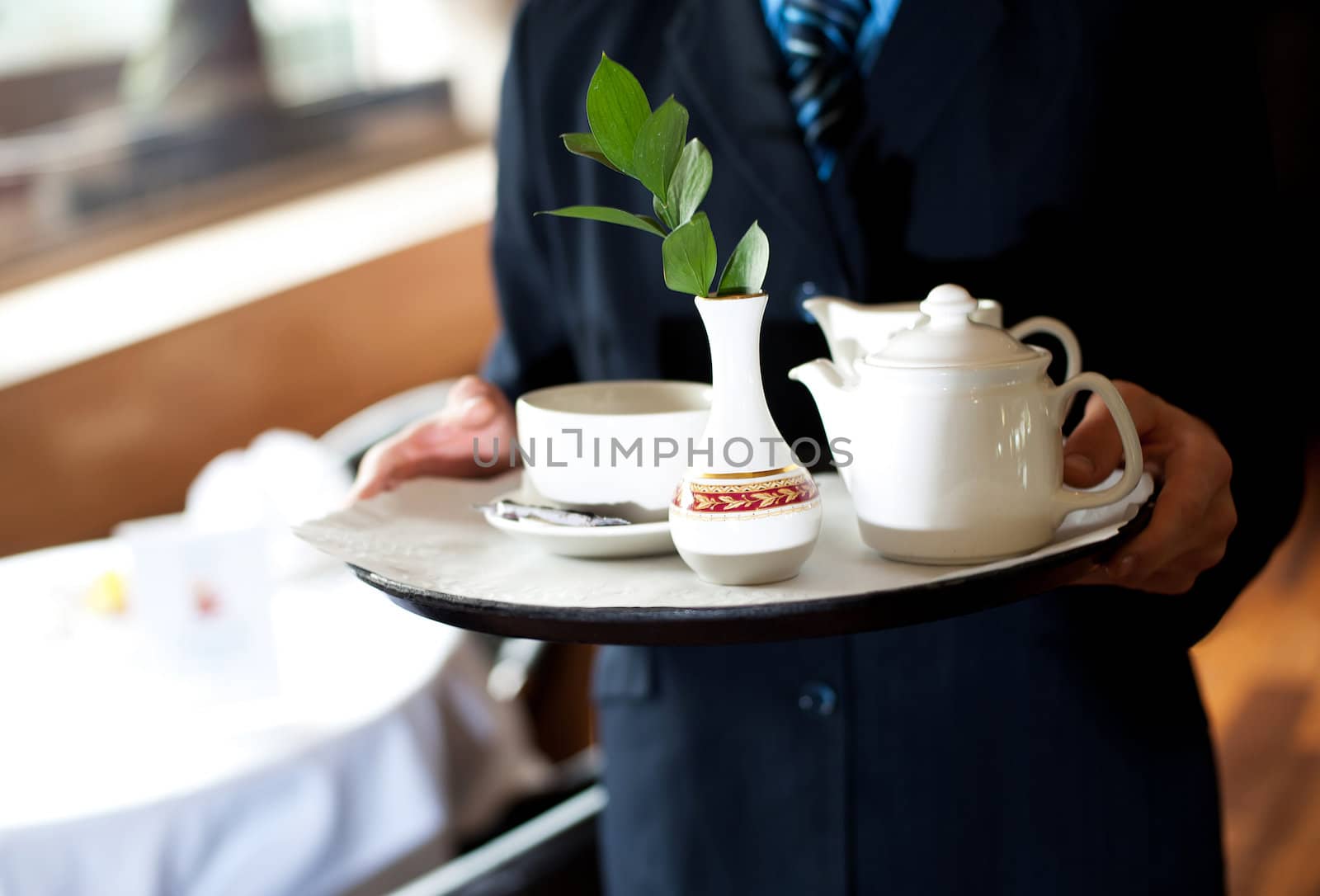 Cropped image of man carrying tea tray decorated with small green leafy plant