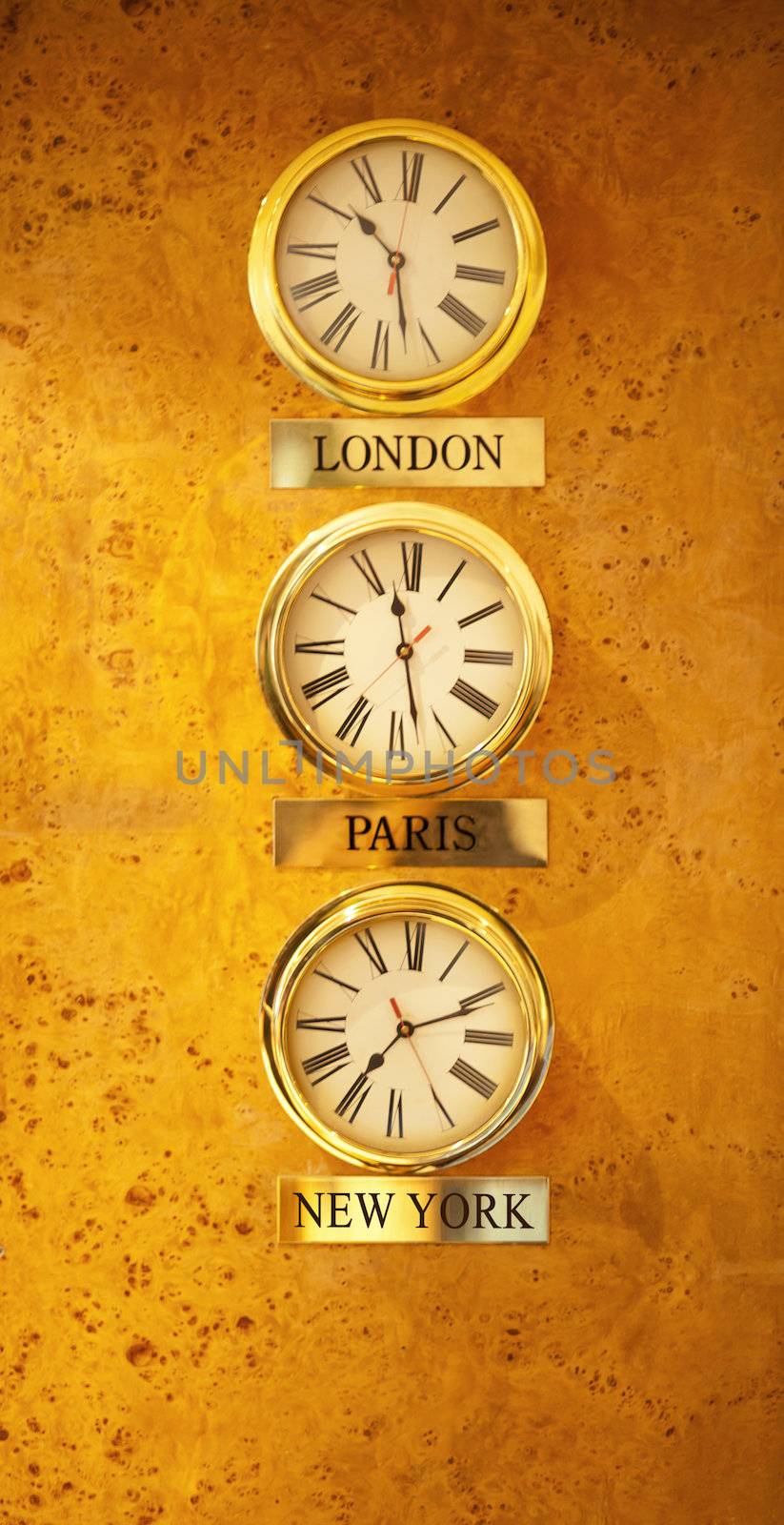 World clock at the reception wall. London, Paris and New York