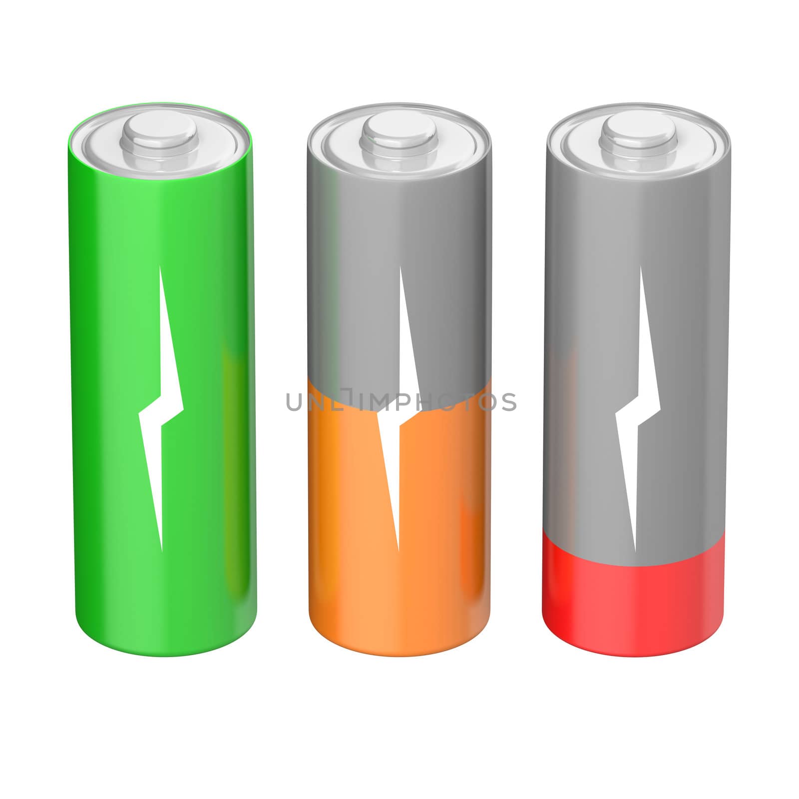 Set of batteries with different charging levels, isolated on white background