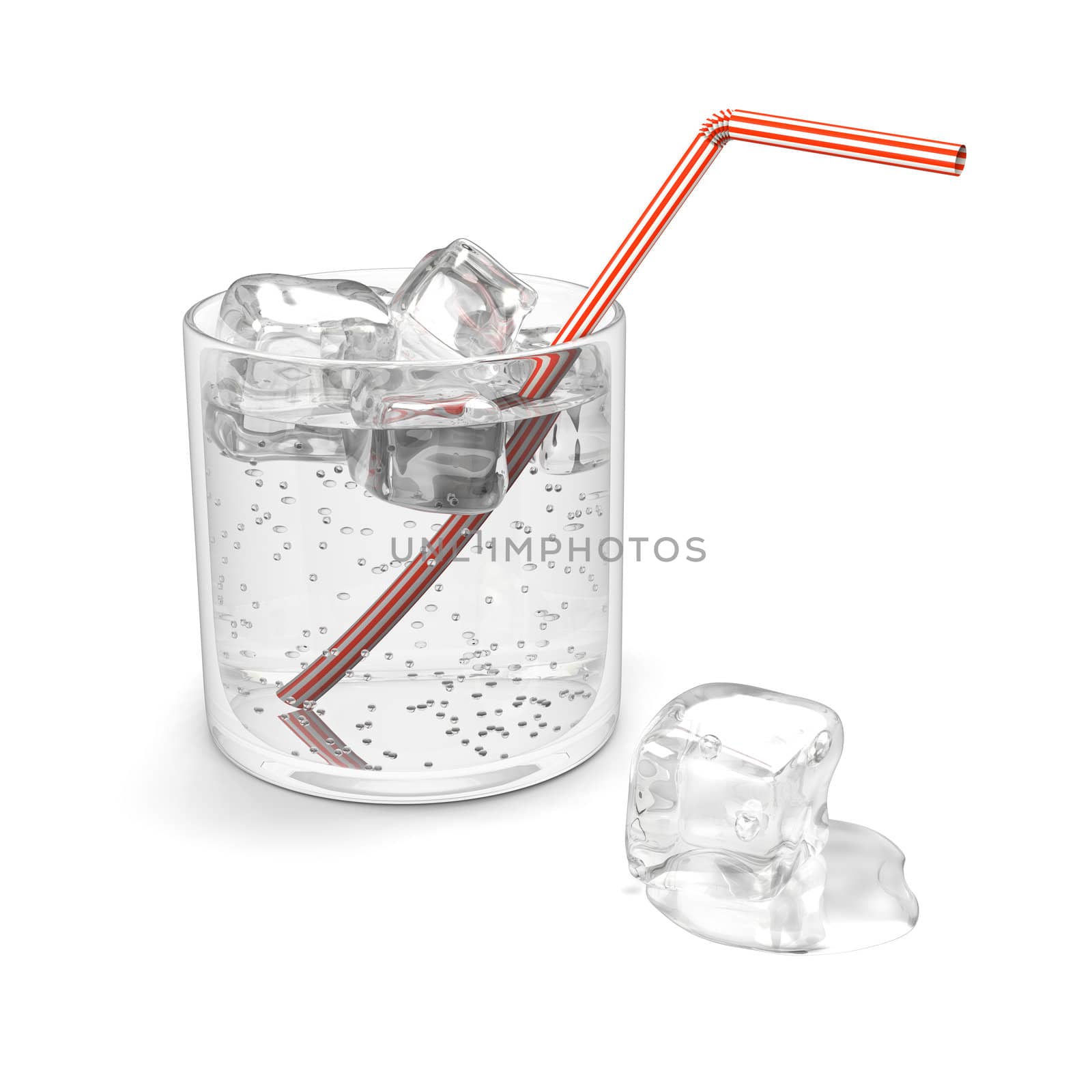 Glass of sparkling water with ice and straw isolated on white background