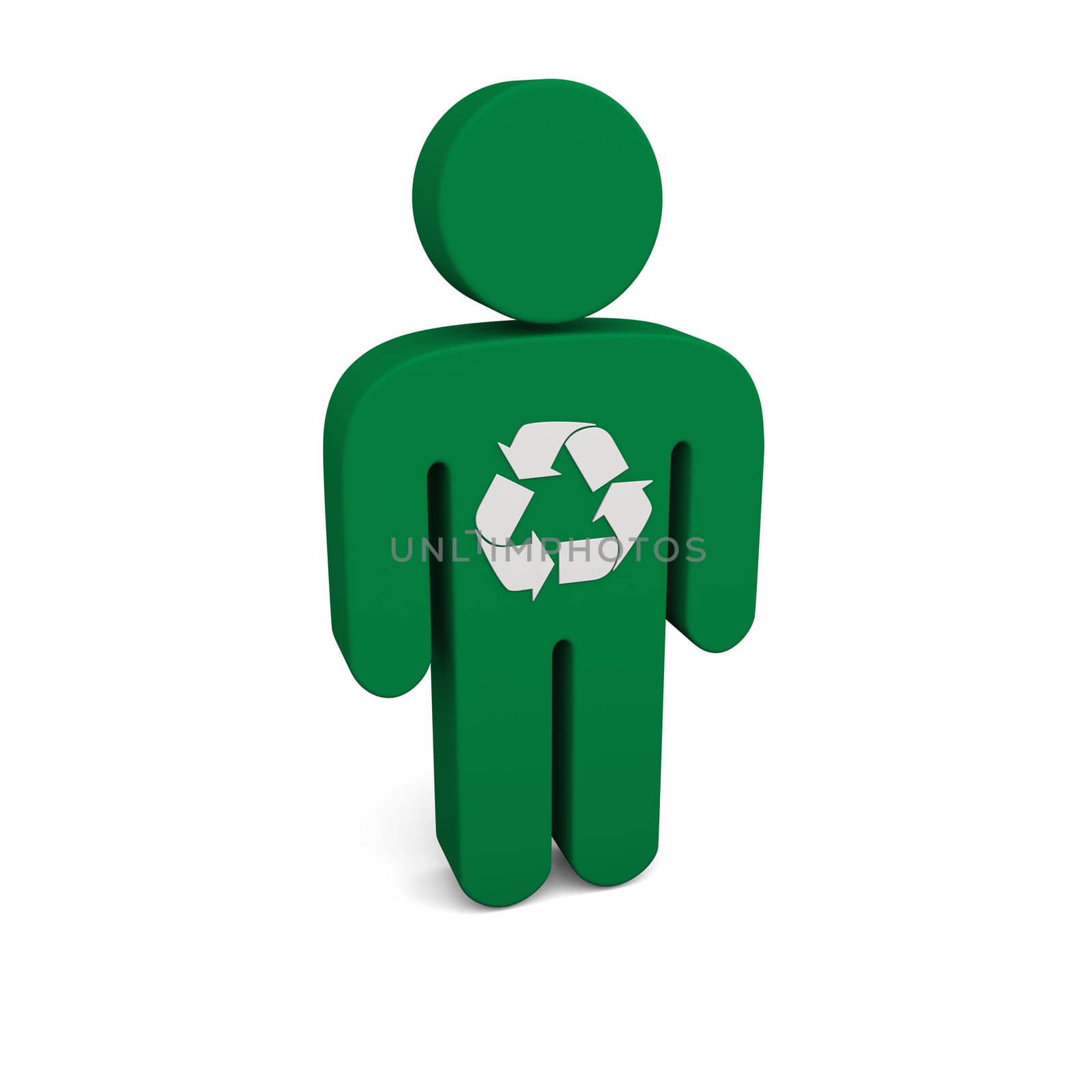 Concept of recycling. Illustration of green person with recycling sign isolated on white background.