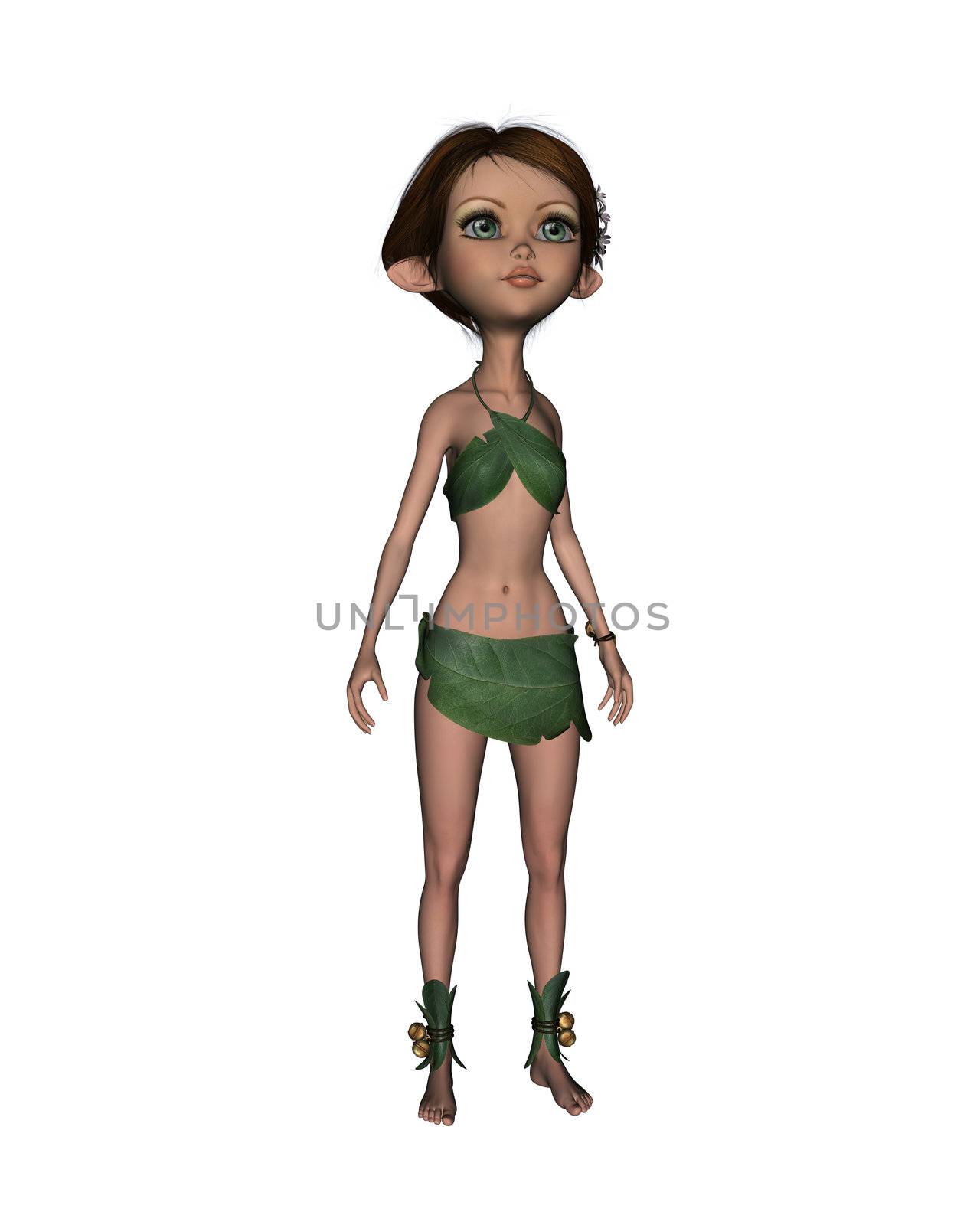 3D digital render of a cute forest elf girl in a leafy suit on white background