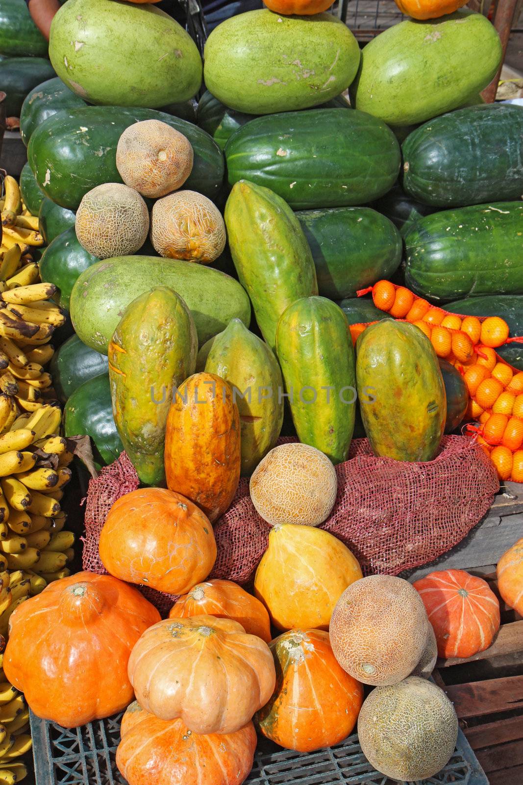 Tropical fruit and vegetables at a roadside stand in the Andean highlands near Quito, Ecuador