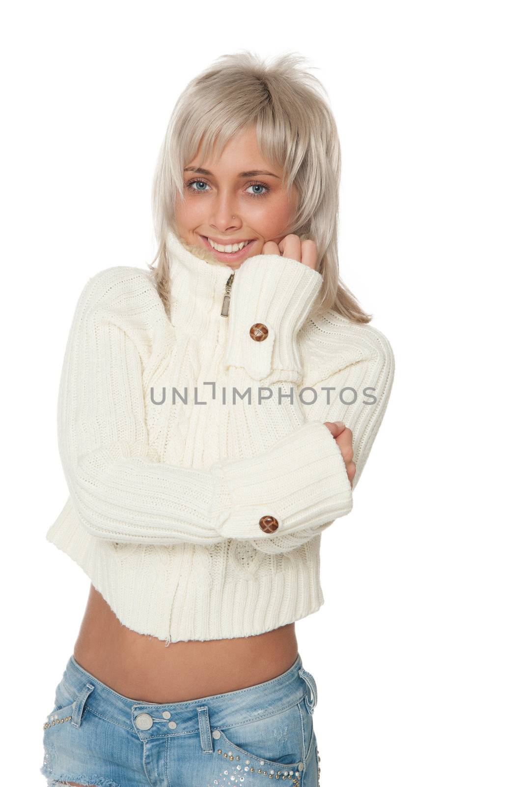 beautiful woman in white sweater smiles