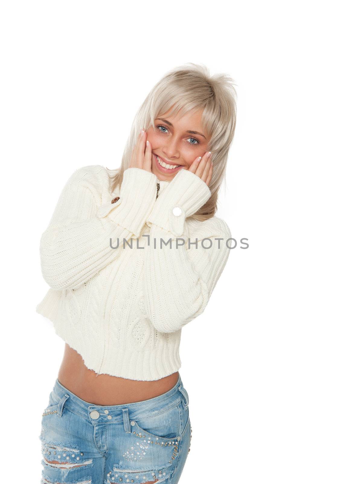 beautiful woman in white sweater smiles